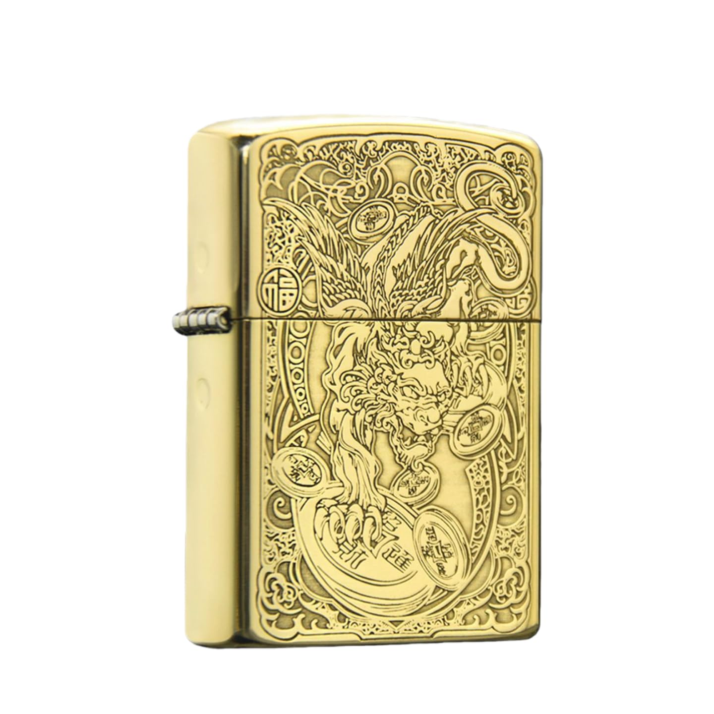 Carcasa de aleación de zinc para Zippo con grabado oriental del Dios de la fortuna