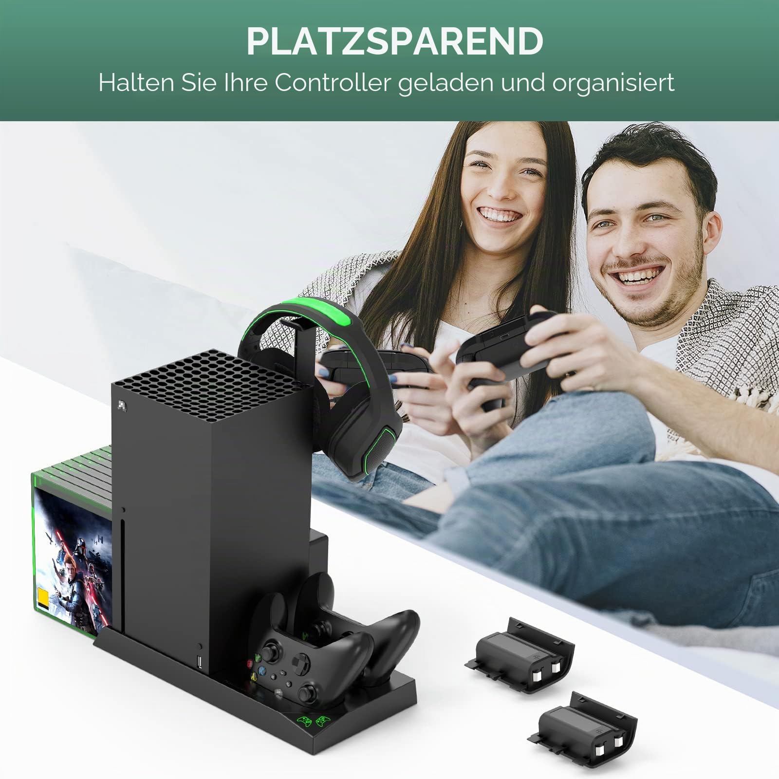 FASTSNAIL Ständer Kompatibel mit Xbox Series X, Lüfter kühler Kompatibel mit Xbox Series X mit wiederaufladbar 2x1400 mAh Akkus, Ladestation, Spiele Discs aufbewahrung und Headset Halterung
