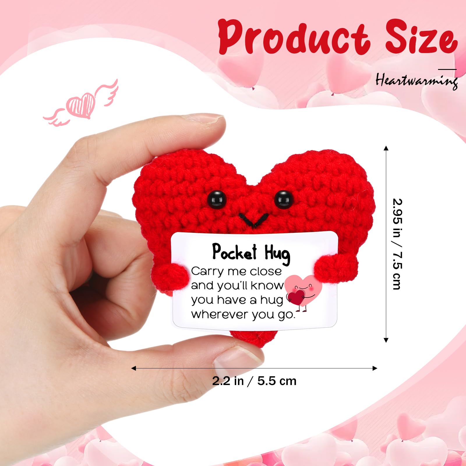HyDren 12 Pcs Crochet Pocket Hug Heart Gifts with Inspirational Cards Handmade Heart Plush Bulk for Teacher Appreciation Graduation Friendship Encouragement Support Gifts