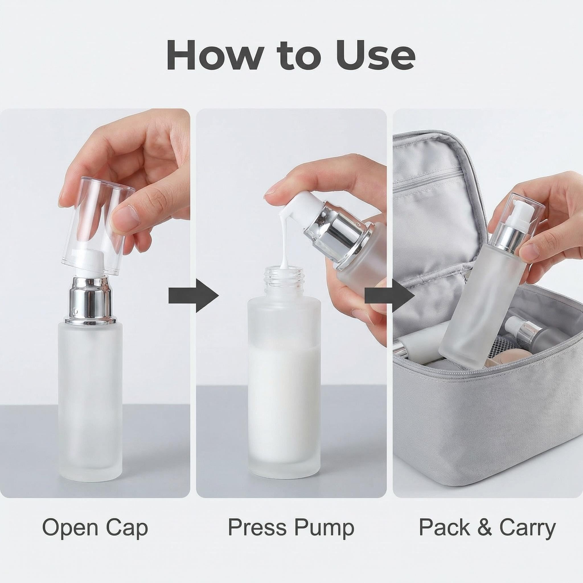 Happyupcity 3 flaconi vuoti da 15 ml in vetro smerigliato trasparente con pompa per lozioni, cosmetici, contenitori da viaggio, dispenser per crema, emulsione, fondotinta, toner
