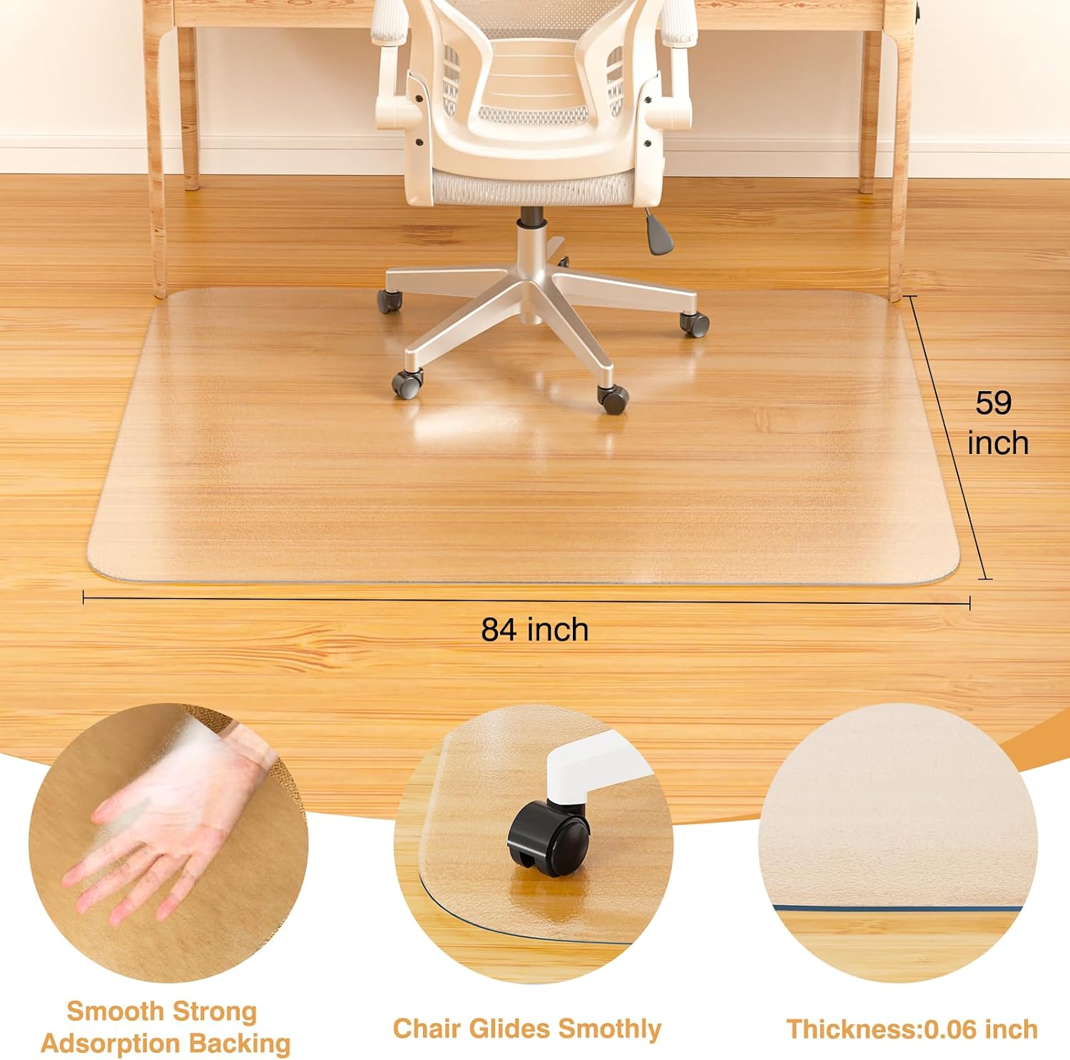 Office Chair Mat for Hardwood Floor, 59" x 84" Clear Plastic Desk Floor Protector, Heavy Duty Non-Slip Chair Mat for Rolling or Gaming Chairs, Durable Computer Mat for Home Office