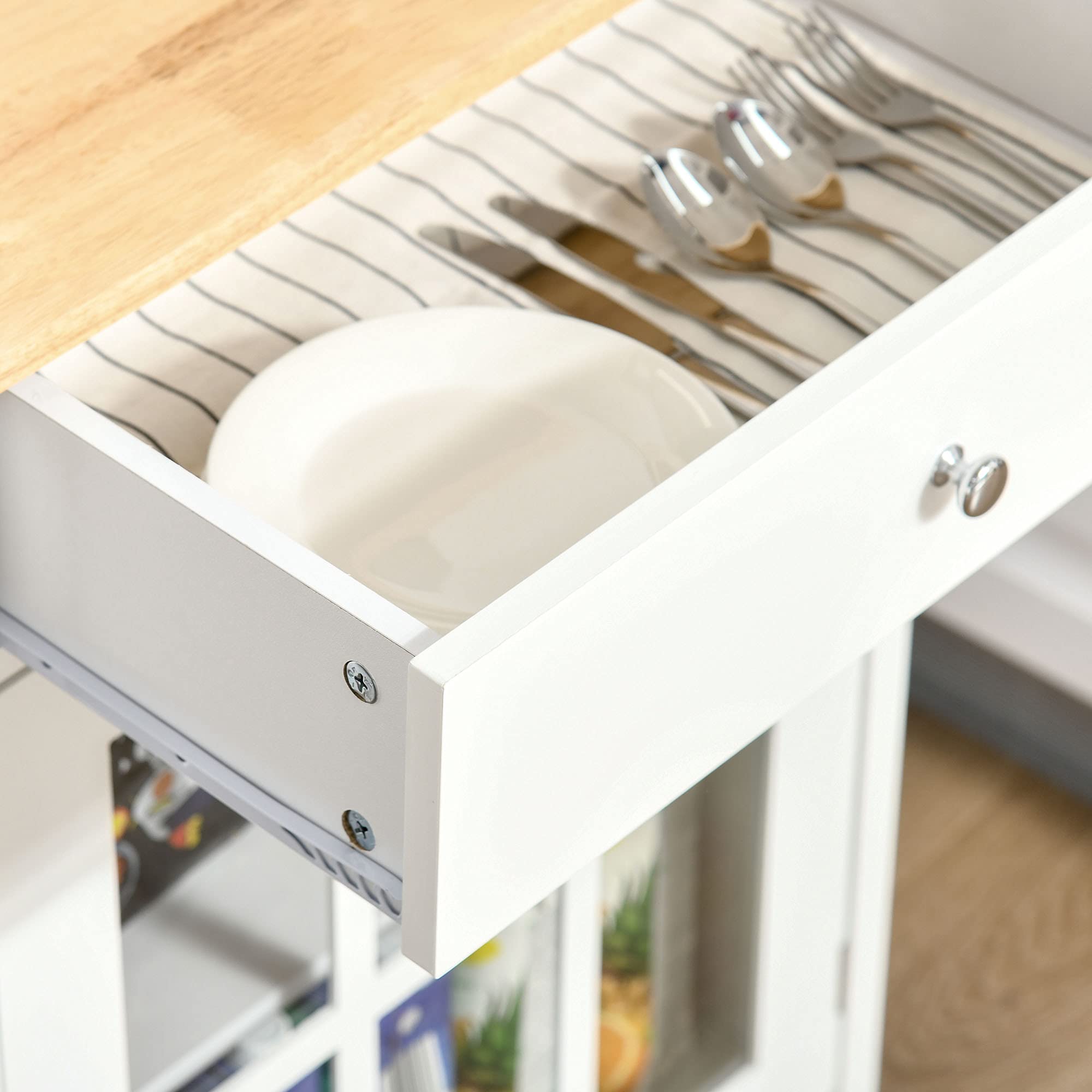 HOMCOM - Postre de Cocina con Ruedas, Armario de Color Blanco | Multi-almacenamiento, puerta de cristal con estante ajustable, cajón, portapaños