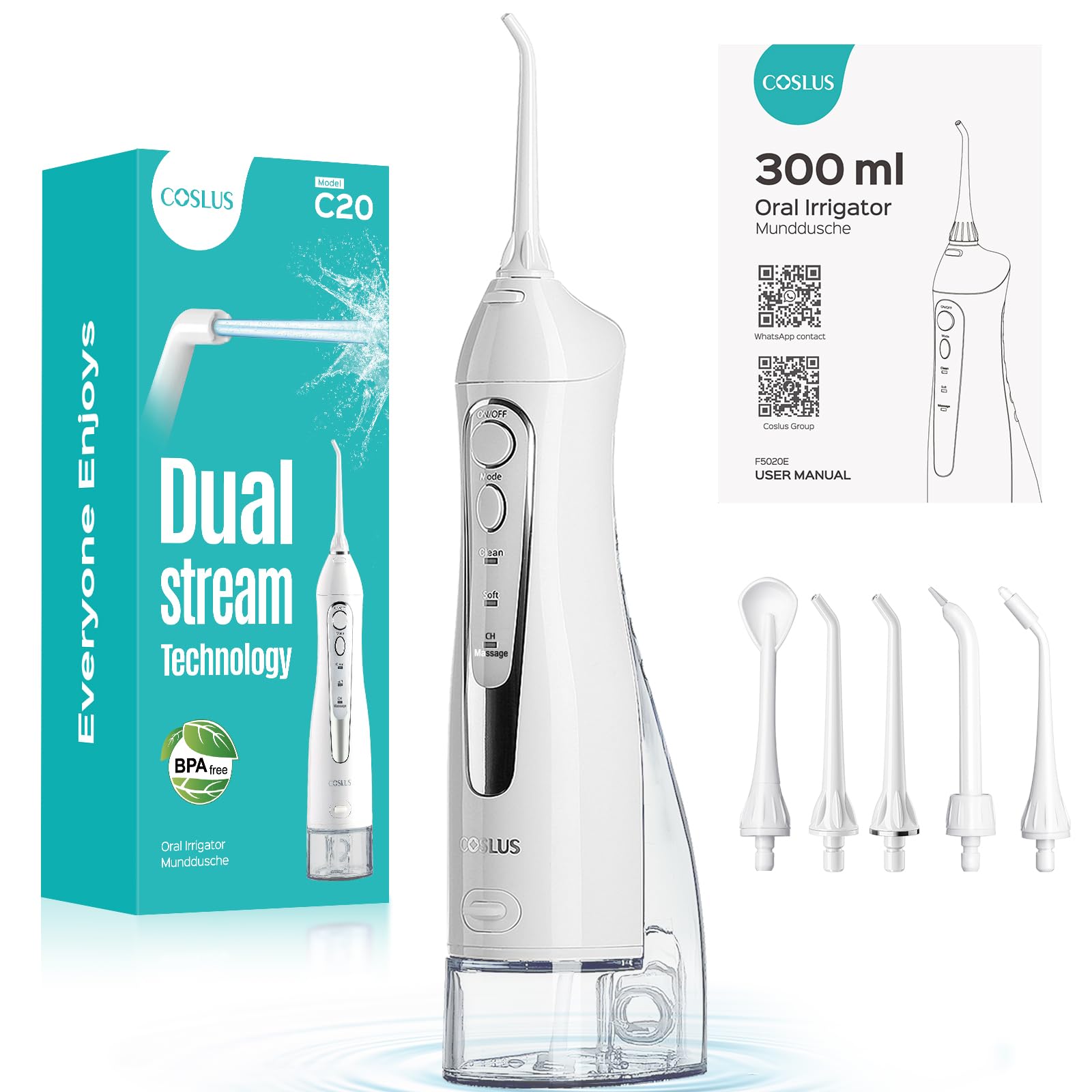 amazon.ae COSLUS Professional C20 Water Flosser For Teeth Braces Gums Care, Cordless Oral Irrigador, Deep Cleaning, Rechargeable, Waterproof, BPA-Free, Portable, Home and Travel, White - White