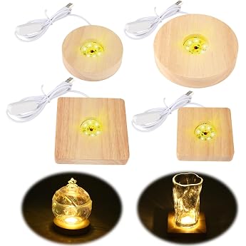 LED Sockel 4 St ck Holz Quadrat/Rund LED Sockel f r Acrylglas Leuchtsockel mit USB-Kabel f r Kristallkugel Glas Acryl Warmes Licht