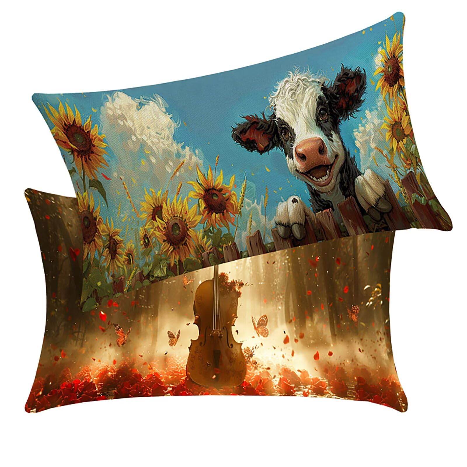Coussin extérieur imperméable 30x50 cm lot de 2 housses tournesol en lin