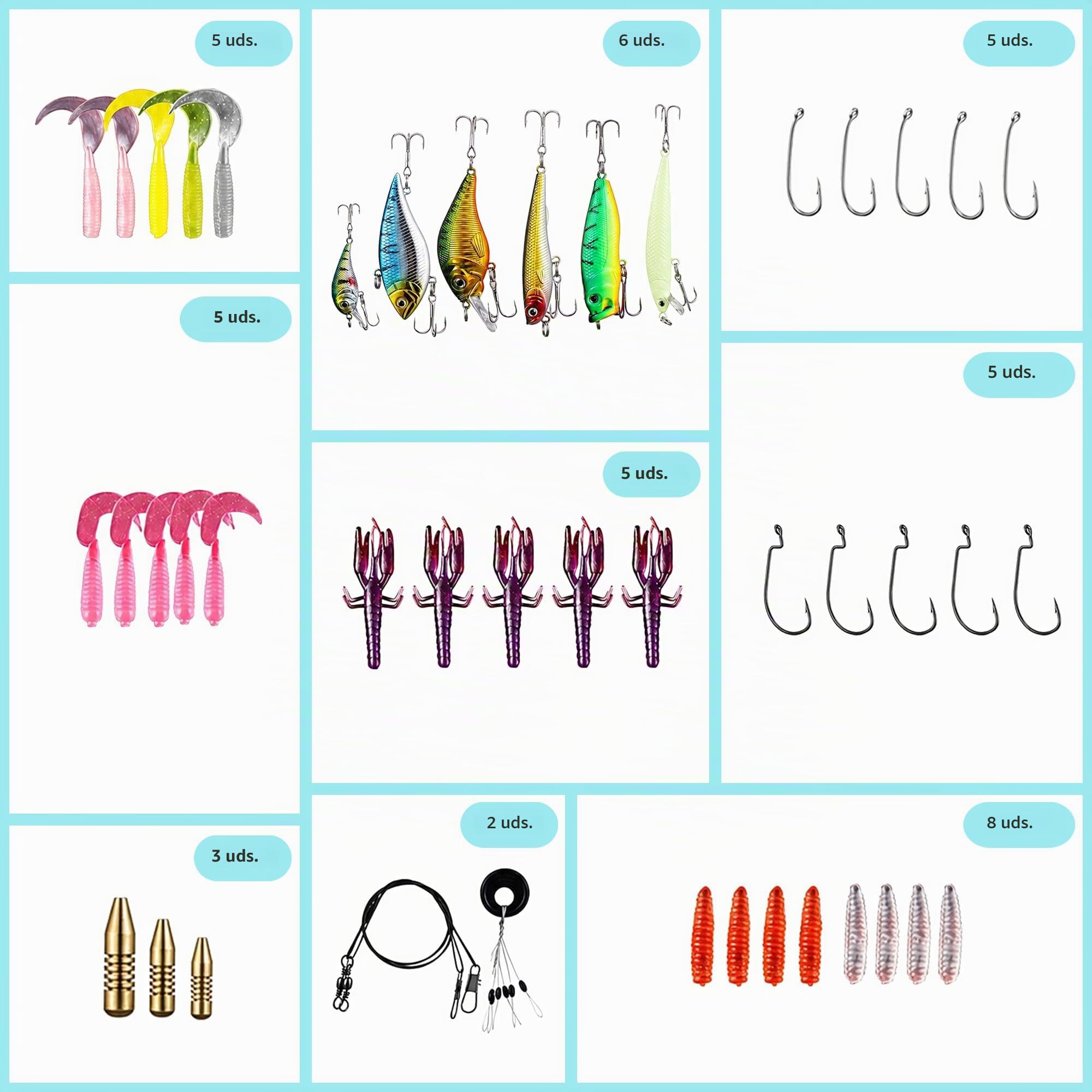 Juego de 101 señuelos de pesca mixtos universales multifunción,señuelos de pesca con caja de aparejos de pesca,incluyendo spinners,gusano,cucharas,señuelos duros, señuelos para hundir,etc.