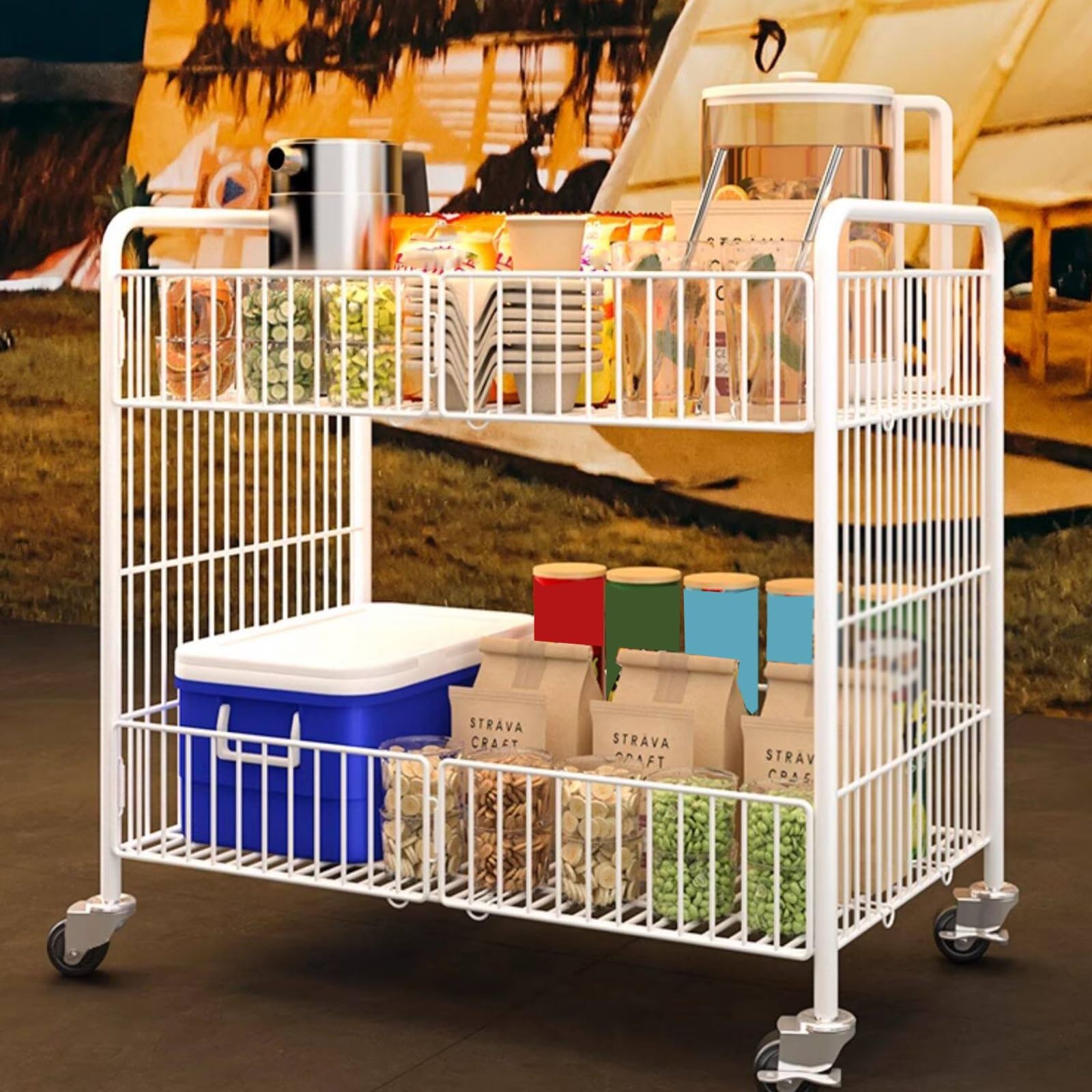 Carrello da Mercato, Tubi Rinforzati con Portata di 30 Kg, Carrello Alimentare Mobile Portatile, con Parapetti Rialzati, Design Aperto a Doppio Strato, per la Vendita All'aperto(Black,L)
