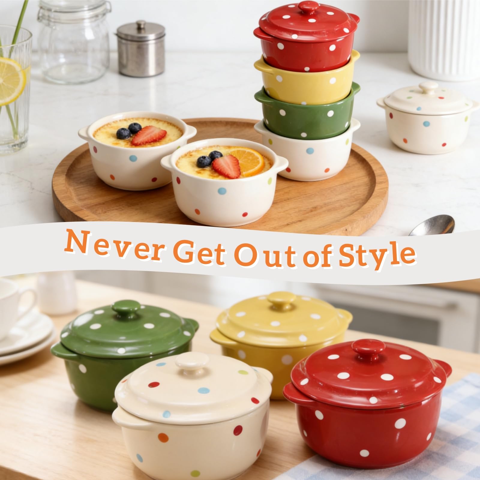 AVLA 4-pak porcelanowych ramekinów, mini miska do zapiekania 255 ml z pokrywką i uchwytem, ceramiczne miski do zupy sufletowej, kremowe brulee, nadają się do piekarnika, mini naczynie do zapiekania (w