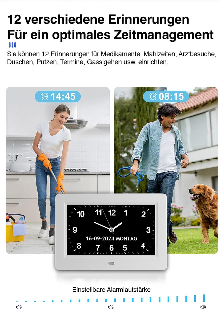 infactory Demenzuhr: Digital-Uhr mit 7"-Display, Wecker, Medizin-Erinnerung, Mediaplayer (Digitalkalender, LCD Uhr, Weck)