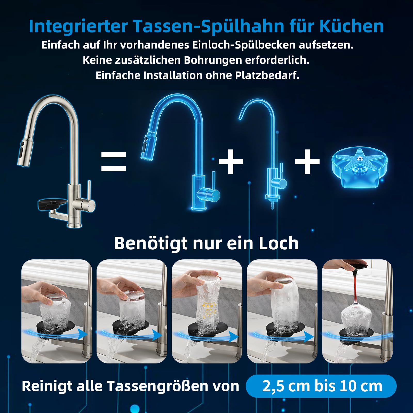 Rubinetto Cucina 3 vie Mynaiad Filtro acqua Lavaglassi Estraibile Doppia Uscita, Rotazione a 360°, Rubinetto Lavello Cucina, Miscelatore Cucina, Acciaio Inossidabile 304 Spazzolato