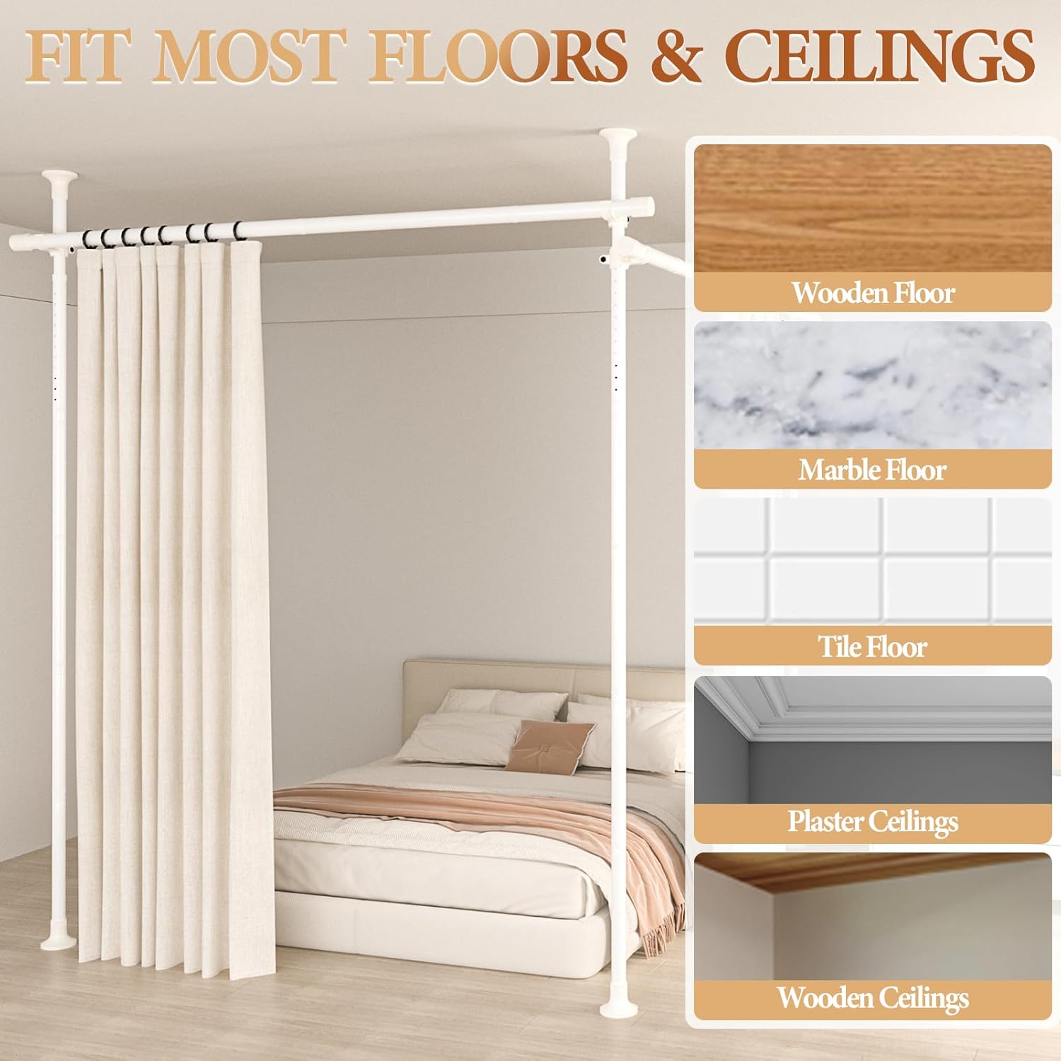 Room Divider Curtain Rod No Drilling, 4-9ft (H) 28-142inch(W) Adjustable Heavy Duty Floor to Ceiling Tension Rod Wall Dividers, Easy Assembly Temporary Privacy Separator for Room Separation White