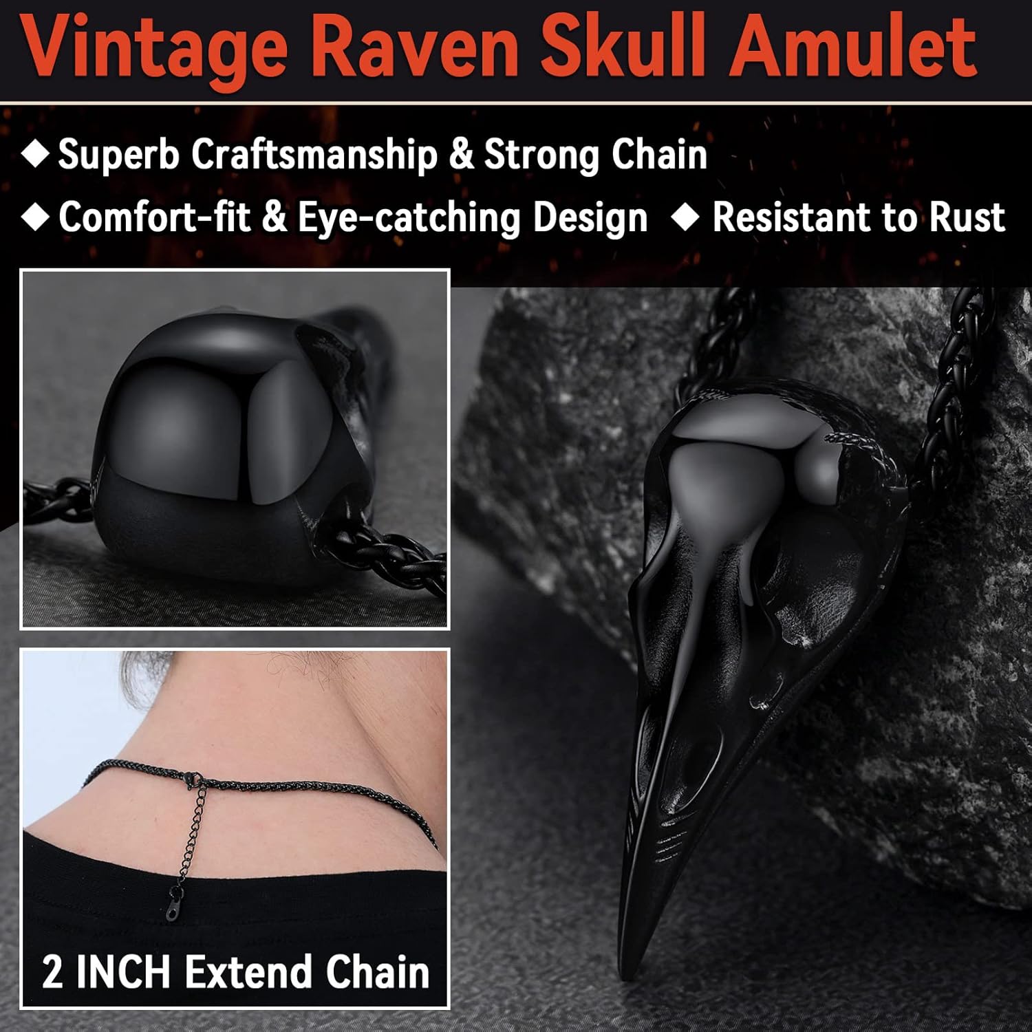 FaithHeart Viking Raven Necklace for Men, Norse Mythology Raven Skull Pendant Sturdy Stainless Steel Amulet Jewelry Gift for Men - Image 5