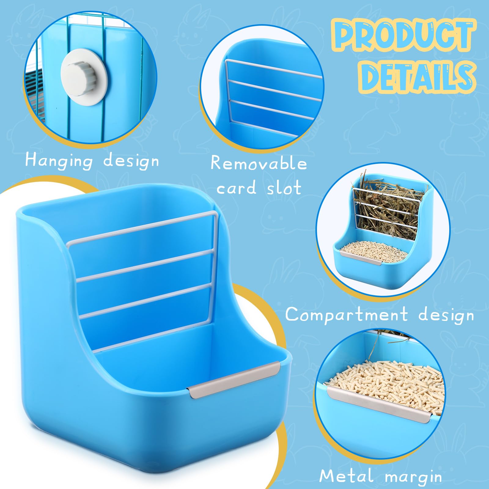 Kacctyen 4 Pcs Hay Feeder Bunny Hay Rack Manger Hay Food Bin Feeder Hanging Feeder Dispenser Double Use for Grass and Food Blue Guinea Pig Food Bowl Chinchilla Hay Holder for Small Pets - image 3