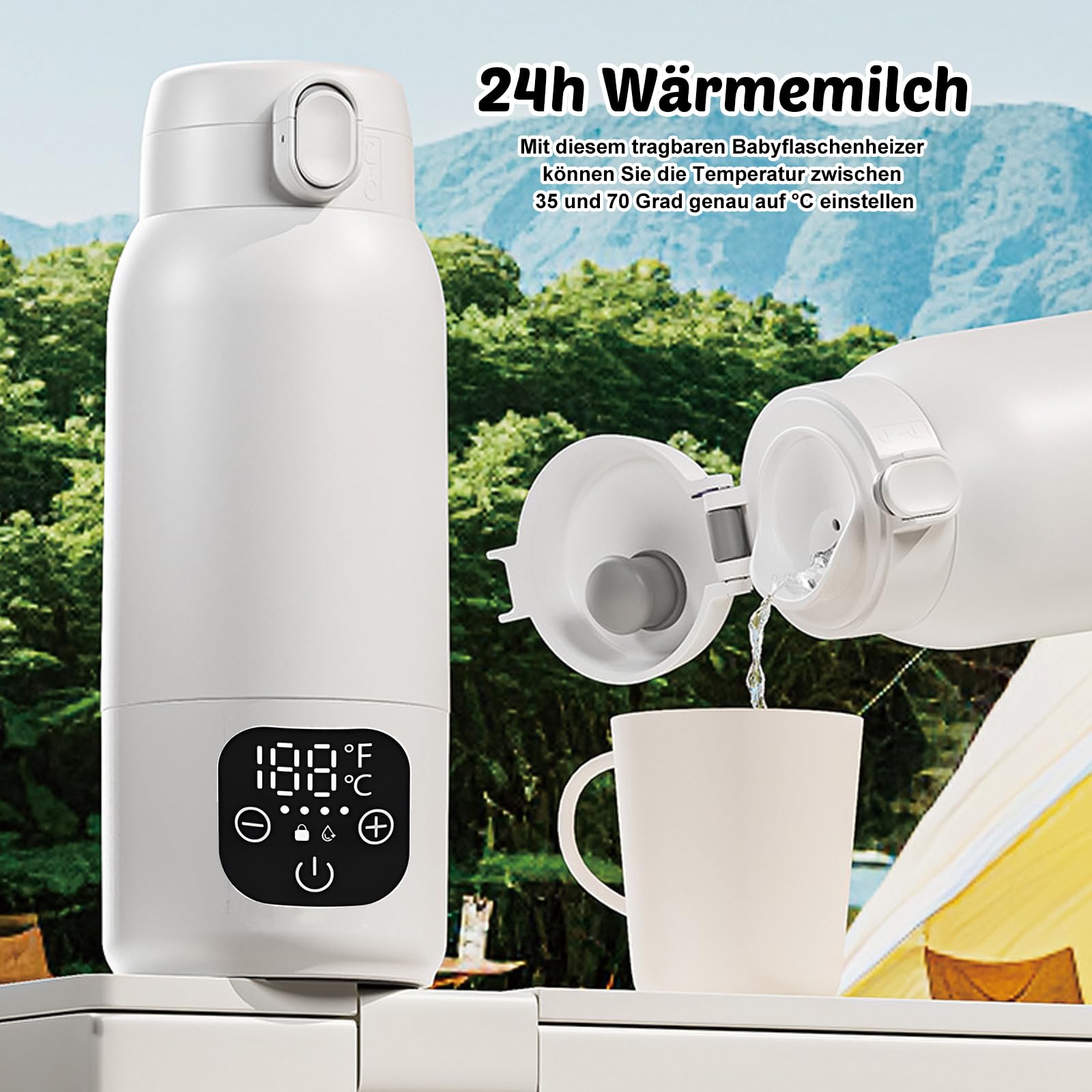 Scalda biberon portatile per bambini in viaggio, thermos a batteria da 500 ml, regolabile da 35 a 70 °C, con USB-C, riscaldamento rapido da 100 W, per auto, viaggi, latte materno e acqua