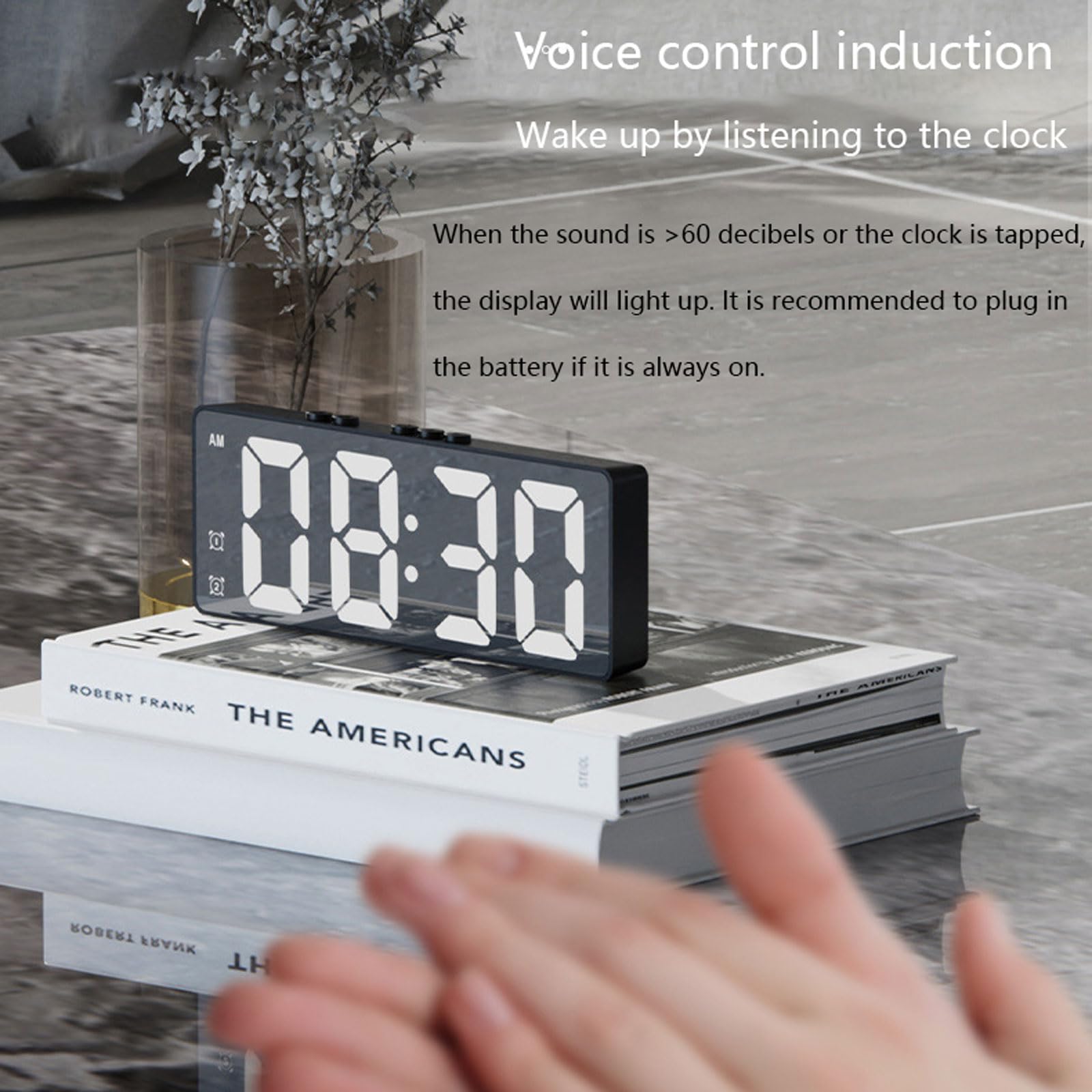 Despertador, control por voz, funciona con pilas y carga USB con función de repetición, tiempo de temperatura y reloj de campana de dos dígitos en la mesita de noche, para dormitorio, oficina