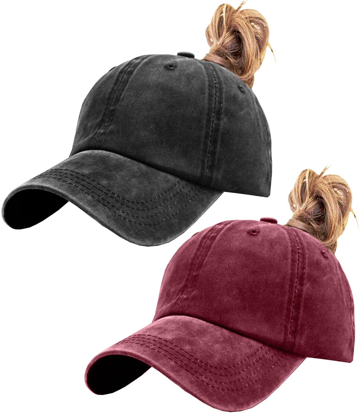 LCZTN FASHION 2 Pack Womens Vintage Washed Distressed Baseball-Cap with Ponytail Hole Sport Golf Hat (Black+Burgundy)