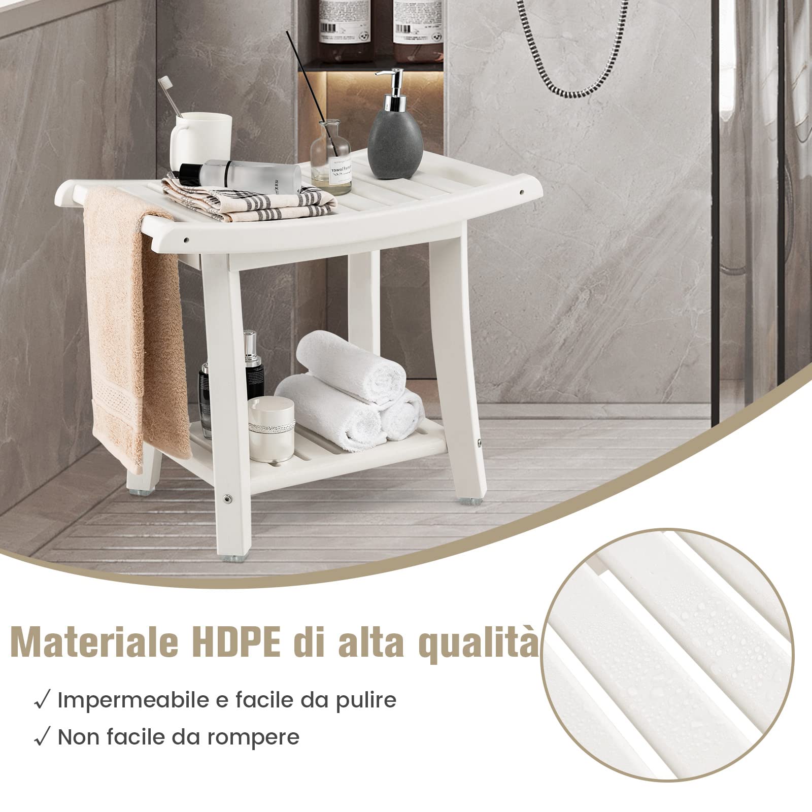 COSTWAY Sgabello da Doccia, Sgabello da Bagno Impermeabile con Sedile Curvo, con Portasciugamani e Piedini Antiscivoli, Panca Versatile con Ripiano, 60,5 x 34 x 48 cm (Bianco)