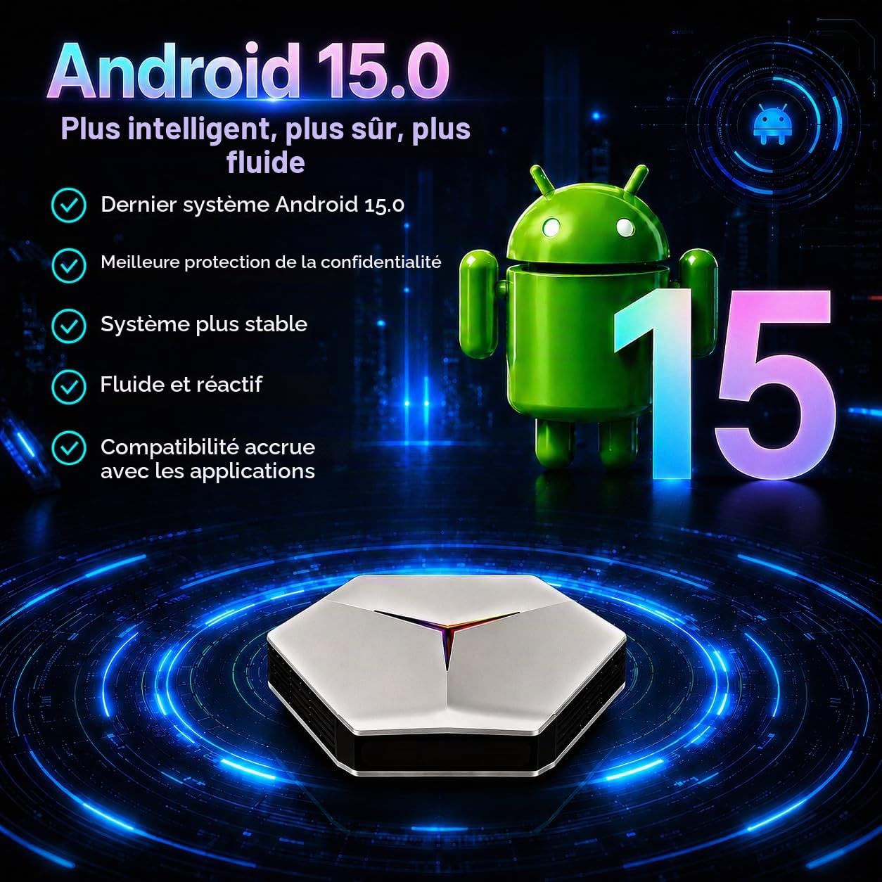 Boîtier TV Android 4Go RAM 32Go ROM 4K UHD Wi-Fi6 processeur à Quatre cœurs