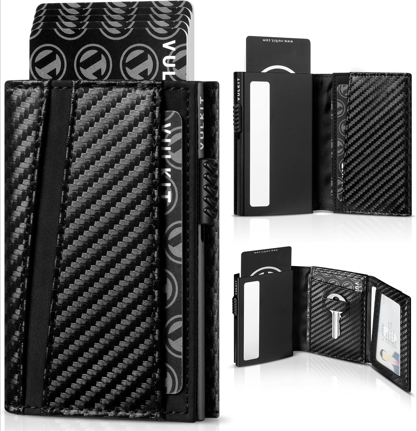 Plinvo Real Leather Pop Up Card Holder Minimalist Wallet Metal Card Case RFID Blocking with Coin Purse and Key Hole for Men (Carbon Fiber Black)