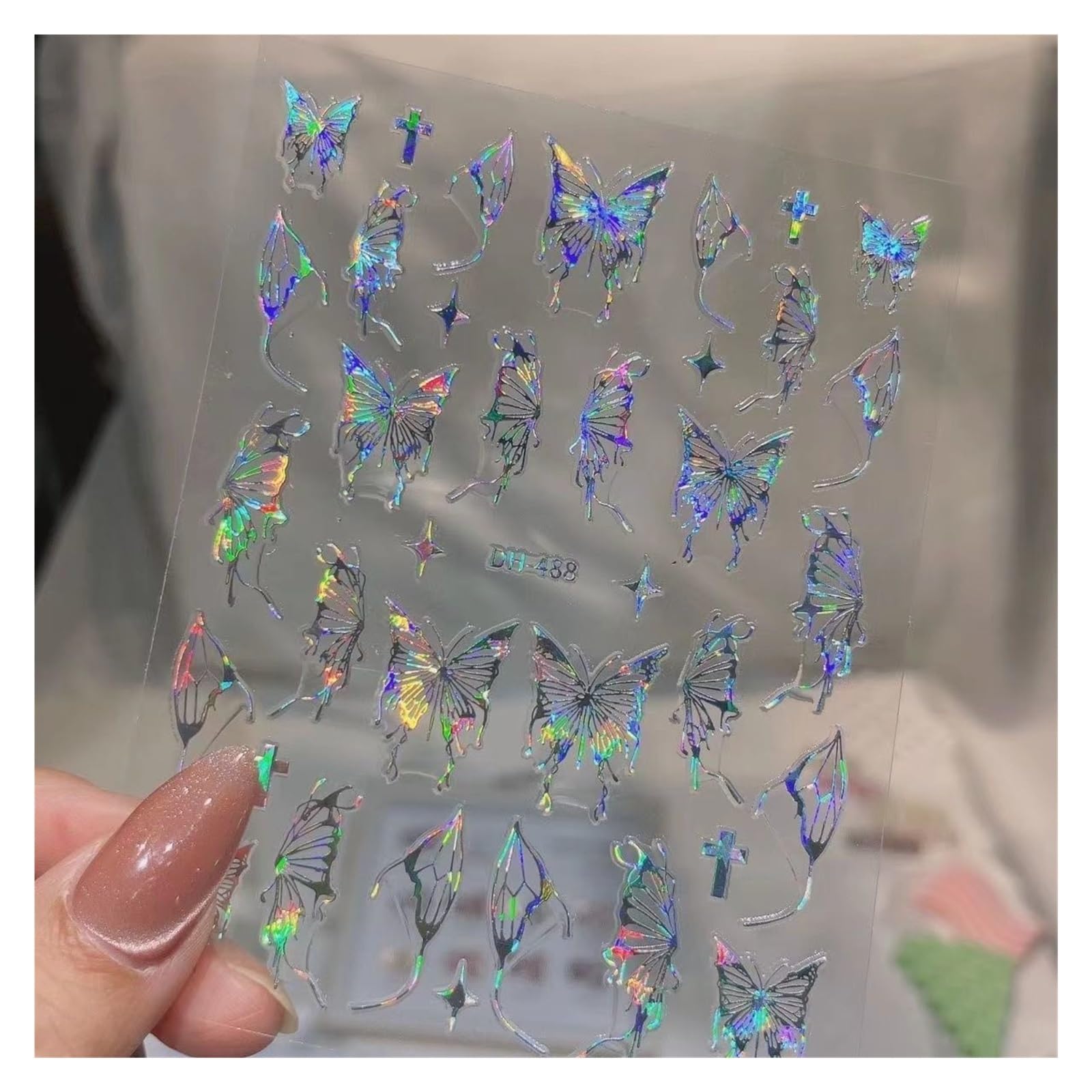 10pcs Pink Purple Aurora Shell Butterfly Nail Stickers Shiny 3D Butterflies Decals 8 * 10cm Adhesive(Slate)