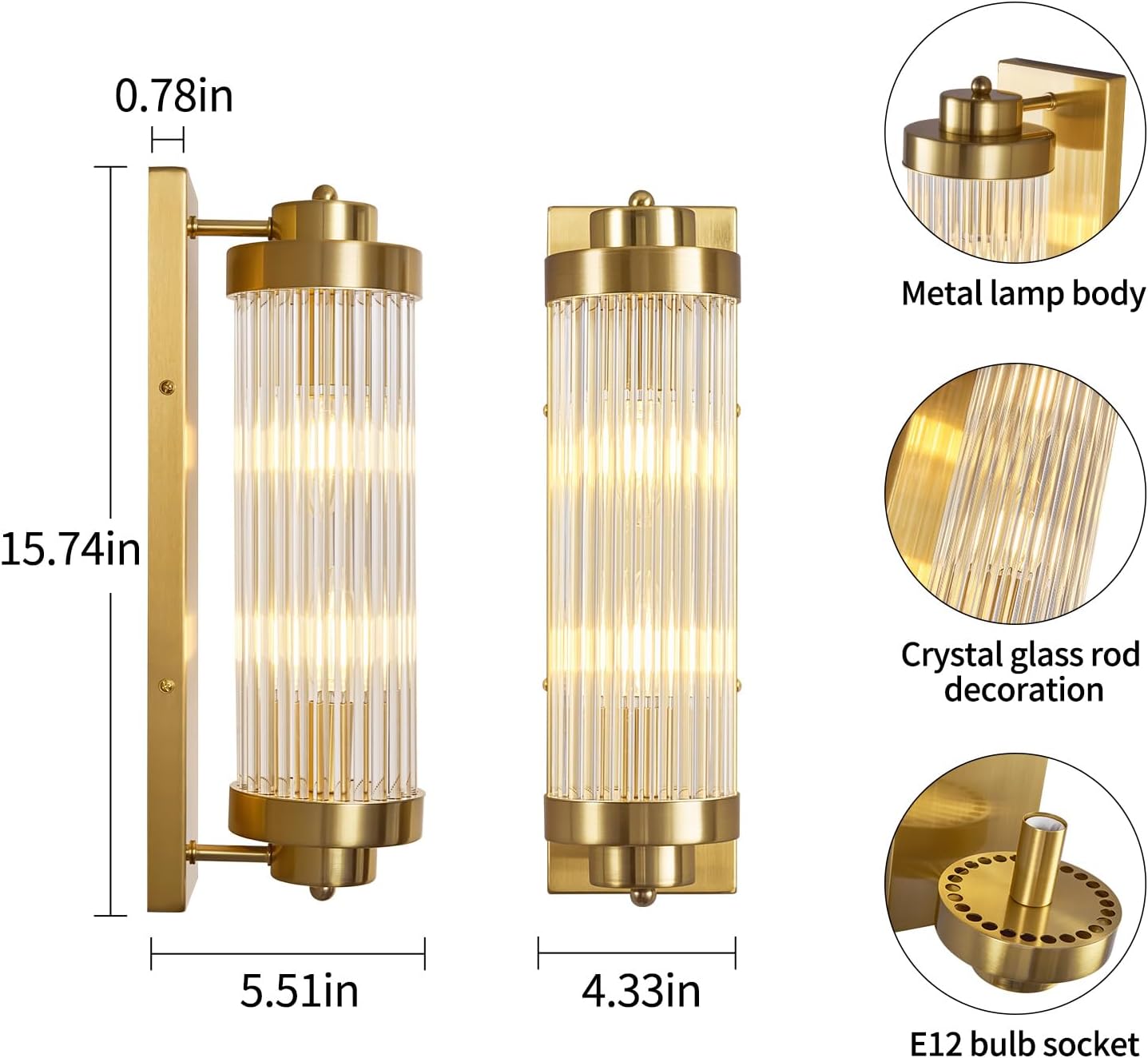 Gold Wall Sconces with Crystal Glass Strip Bathroom Sconces Modern Wall Lights for Bedroom Living Room Hallway Wall Light Fixtures, 2 Light E12 Base