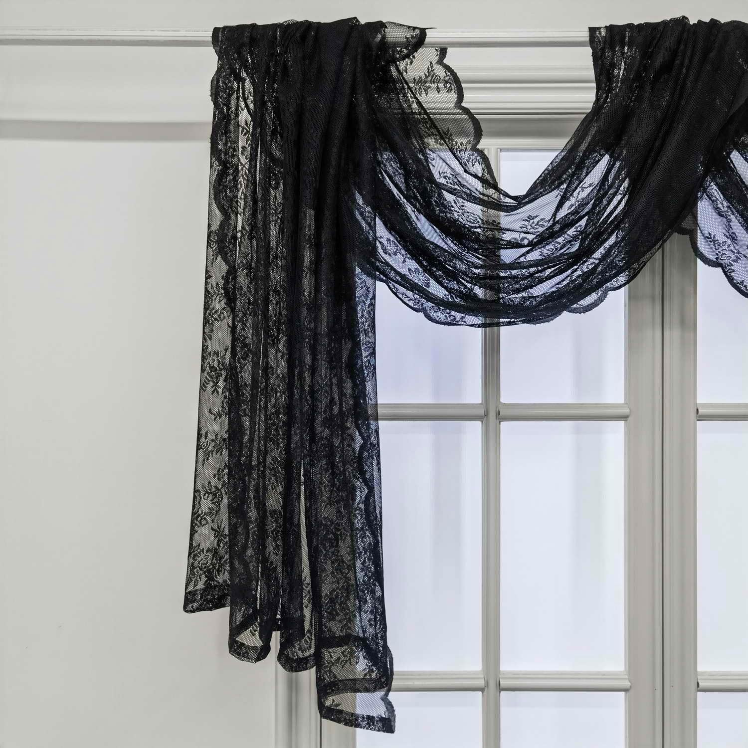 Romatic Lace Embroidery Window Scarf Sheer Curtain 144 Inch Long for Wedding/Ceremony Floral Window Treatment Swags Drapes Light Filtering Luxury Party Decora 1Panel (W57 X L144 Inch,Black)