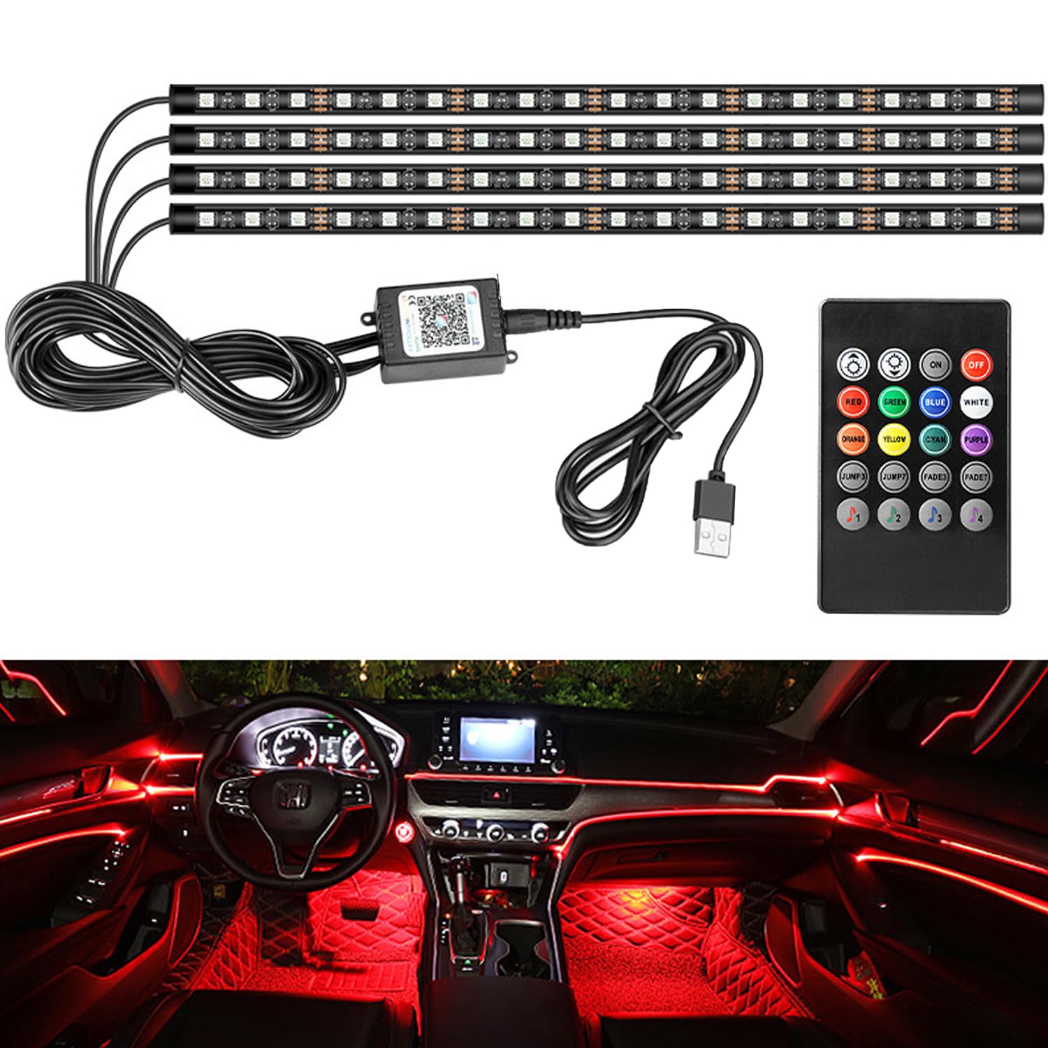 Interior Car LED Light Strip, Sound-Activated Atmosphere Lights with Remote Control, Waterproof Multicolor Car Accent Lighting