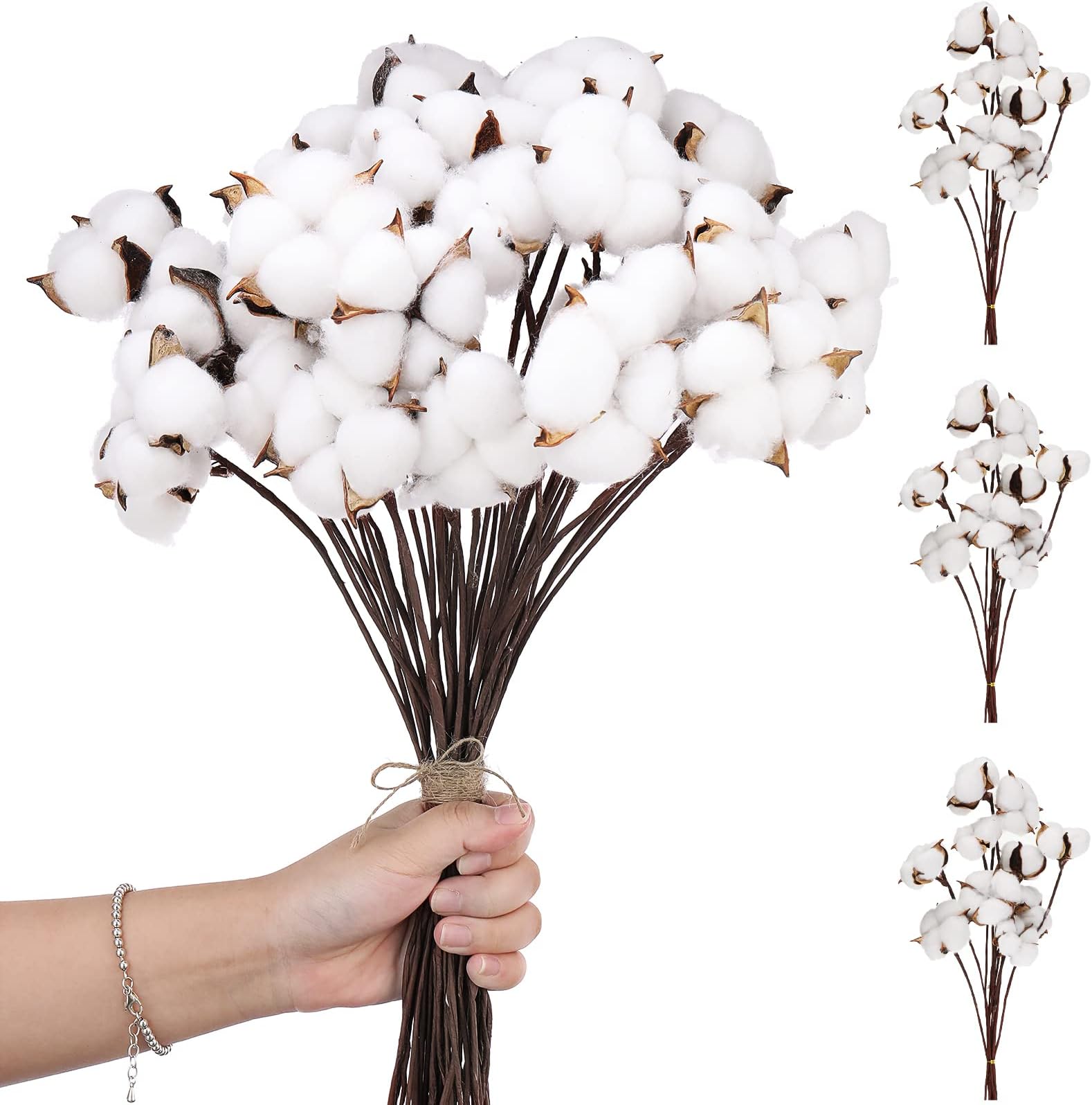 Kenning 60 Pcs Balls Artificial Cotton Flowers Antique Stems Farmhouse Decorations Fake Fall Vase Filler White Dried Plant Decor for Home Wedding Party Kitchen DIY Floral Arrangement