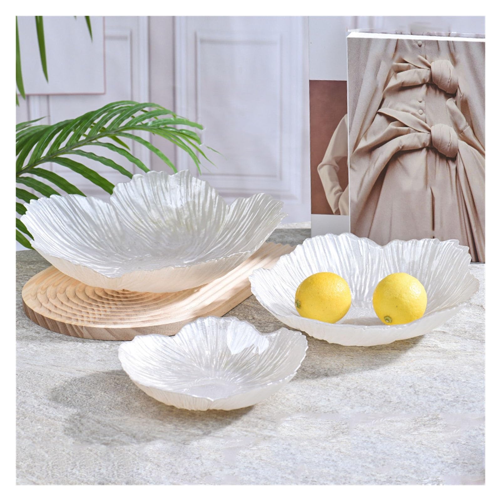 Obstgericht Nordisch-moderne Obstteller in Blumenform, 3er-Set, Haushaltsglas, perlmuttweiß, schlichte Aufbewahrung for Snacks, großes Fassungsvermögen(Weiß)
