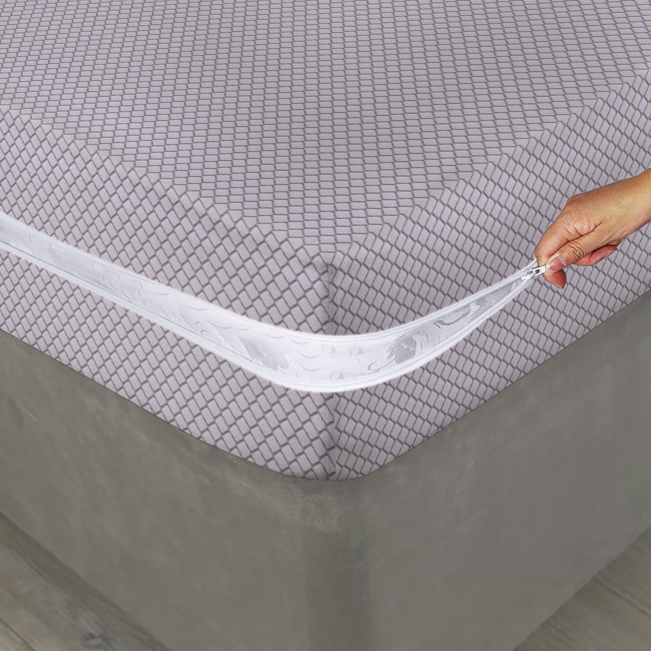Coprimaterasso con cerniera, copertura completa, anti cimici, con cerniera, profondità 30 cm, ipoallergenico, con doppia chiusura laterale con cerniera (grigio chiaro, matrimoniale)