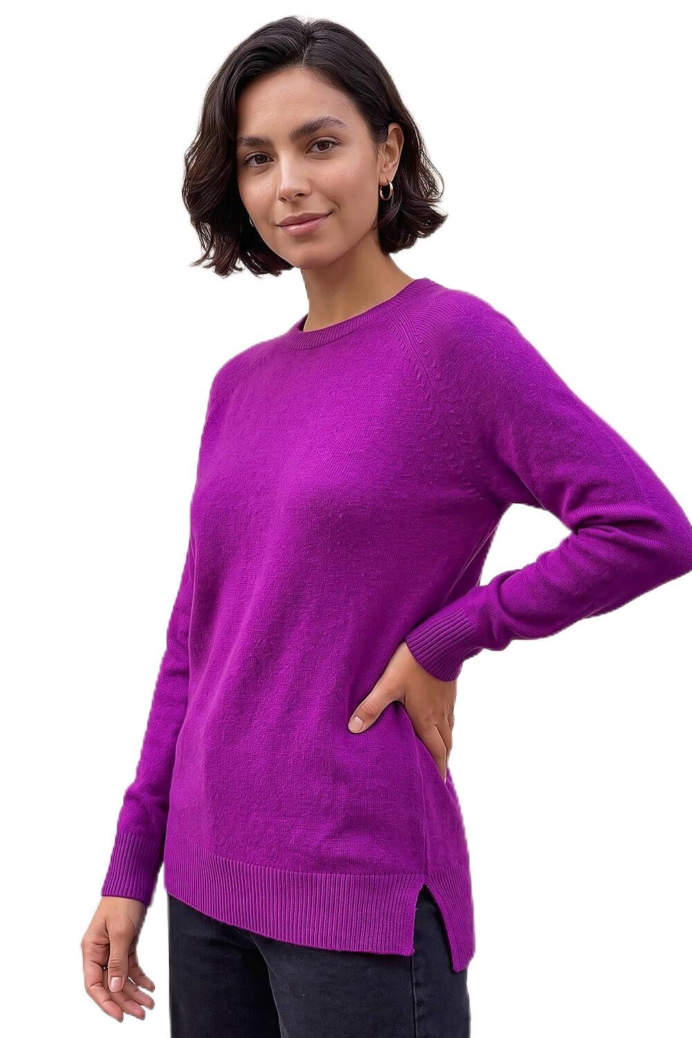 Roman Originals Women's Magenta Roman Soft Jumper For Uk Winter Autumn Sweater Knit Knitwear Round Crew Neck Top Plain Lightweight Comfy Long Sleeve Split Hem Everyday Daywear - Size 16