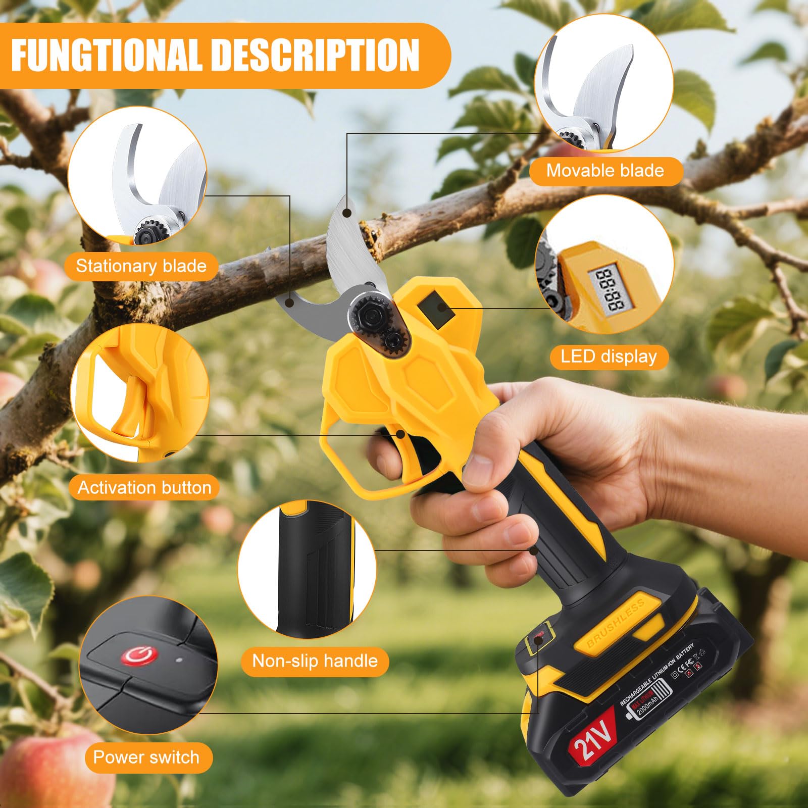 Sécateur Électrique Sans Fil 30mm, Secateur a Batterie, Secateur Electrique Professionnel avec 2 x 2000 mAh, Écran LCD, Moteur Brushless, SK7 Lame, Secateur de Jardin pour Arbres, Arbres fruitiers