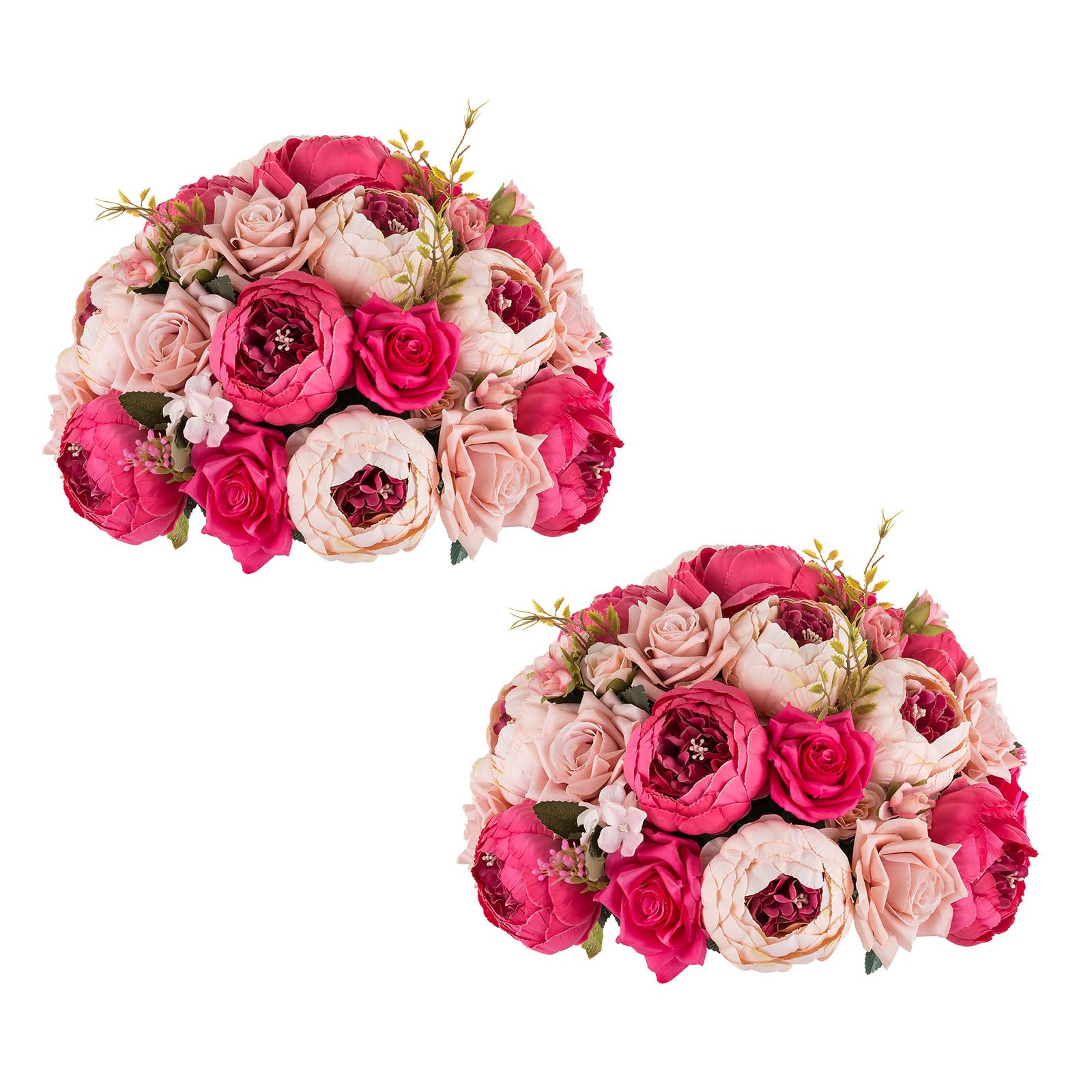 BLOSMON Artificial Flowers Balls Wedding Centerpieces 2 Pcs 13.3" Dark Pink Fake Peonies Center Pieces Decoration for Table Kissing Ball Floral Arrangements, Base with Faux Peony Party Home Decor