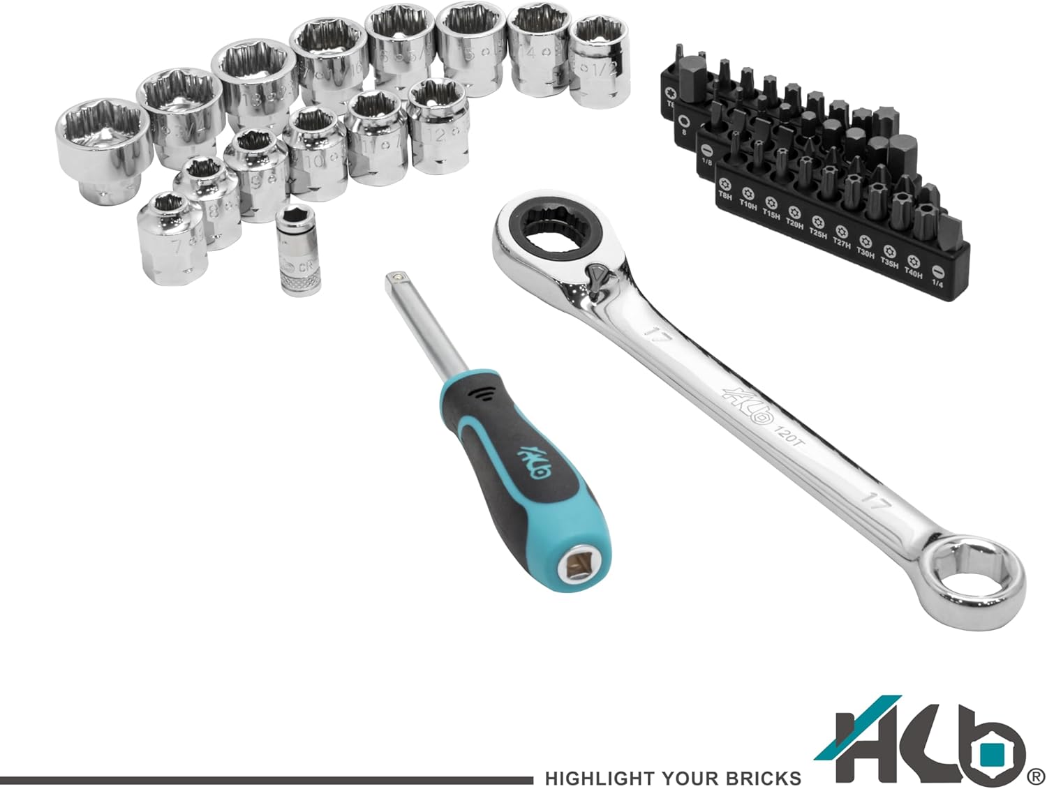 HB 57-Piece Socket Set AGX004-U, Pass-Thru Low Profile 120-Tooth Ratchet Wrench with Non-Slip Sockets, Metric SAE E-Torx Compatible, Chrome Vanadium Steel, Portable EVA Case, Made in Taiwan