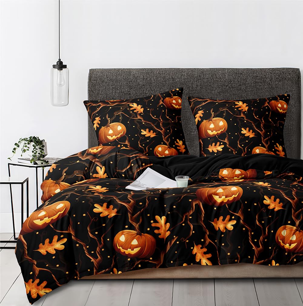Luowei Halloween Bettwäsche 135x200 4teilig Kürbis Laterne Blätter 3D Bettwäsche Halloween Weich Microfaser Bettbezug Set für Kinder Teenager Geschenk mit Reißverschluss und 2 Kissenbezüge 80x80 cm