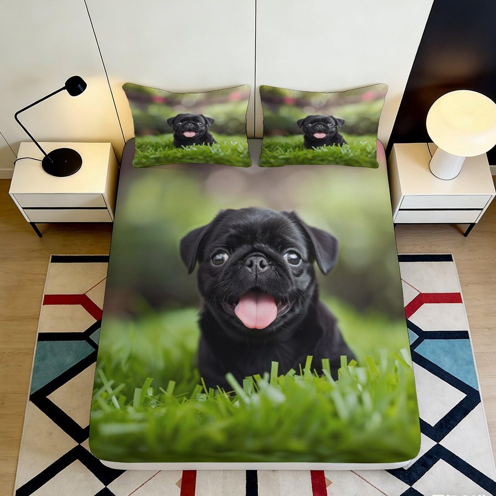 3D Printed Black Pug Fitted Sheet Microfiber Soft Anti-Slip Grass Field Bed Cover for Bedroom Guestroom Decor 90x200x25cm