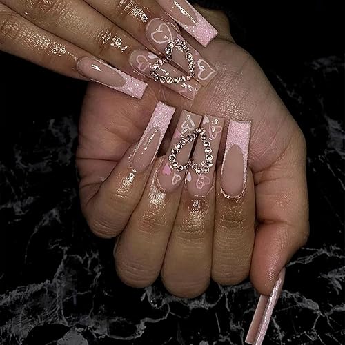 SIXDIAN Uñas postizas a presión con puntas francesas rosas, uñas postizas largas cuadradas con purpurina rosa con diseño de corazón de diamantes de