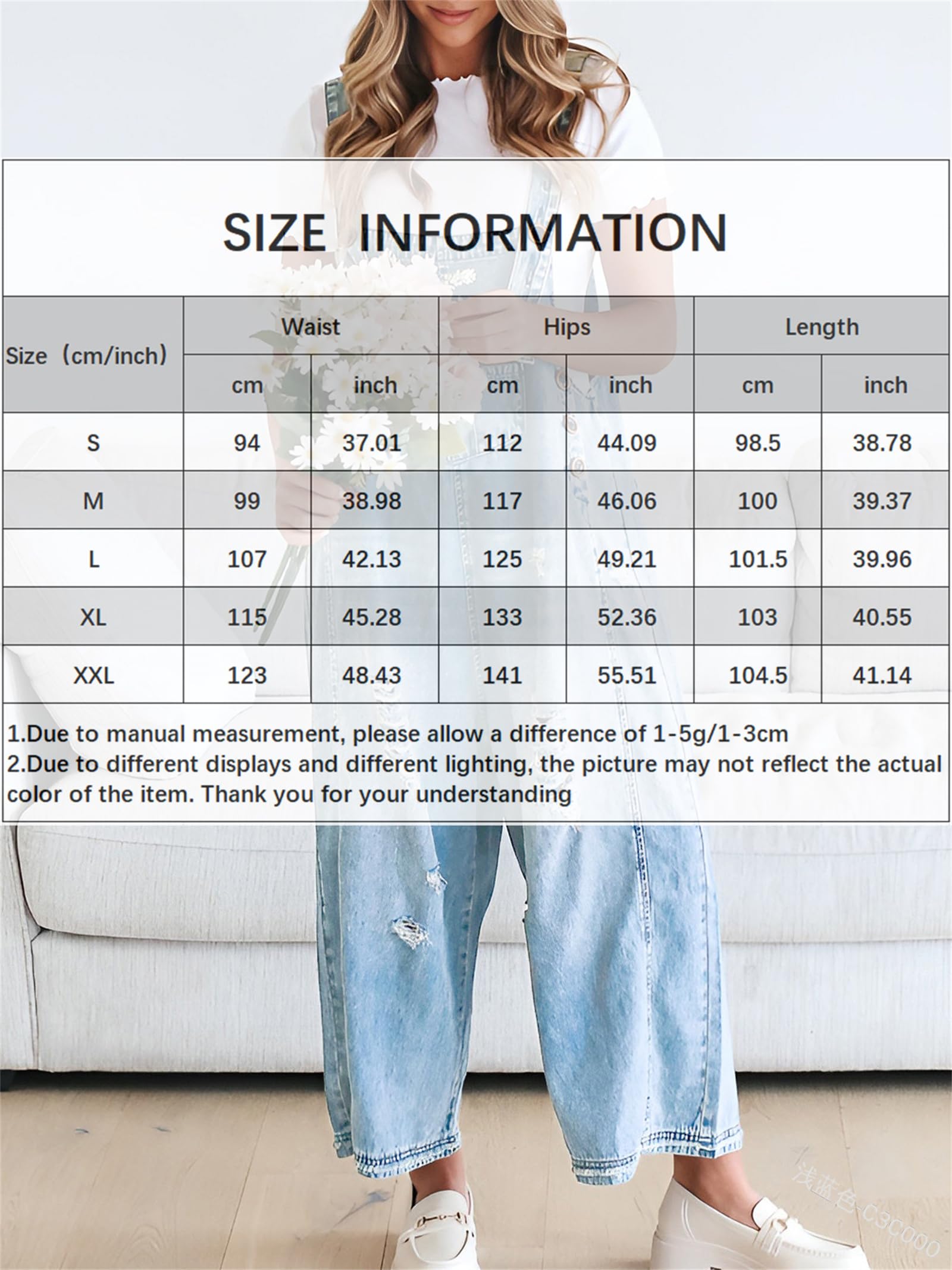 Damski luźny regulowany pasek dżinsowy śliniak ogólne dżinsy, postarzane kombinezony z szerokimi nogawkami plus size kombinezony dżinsy jednoczęściowe spodnie