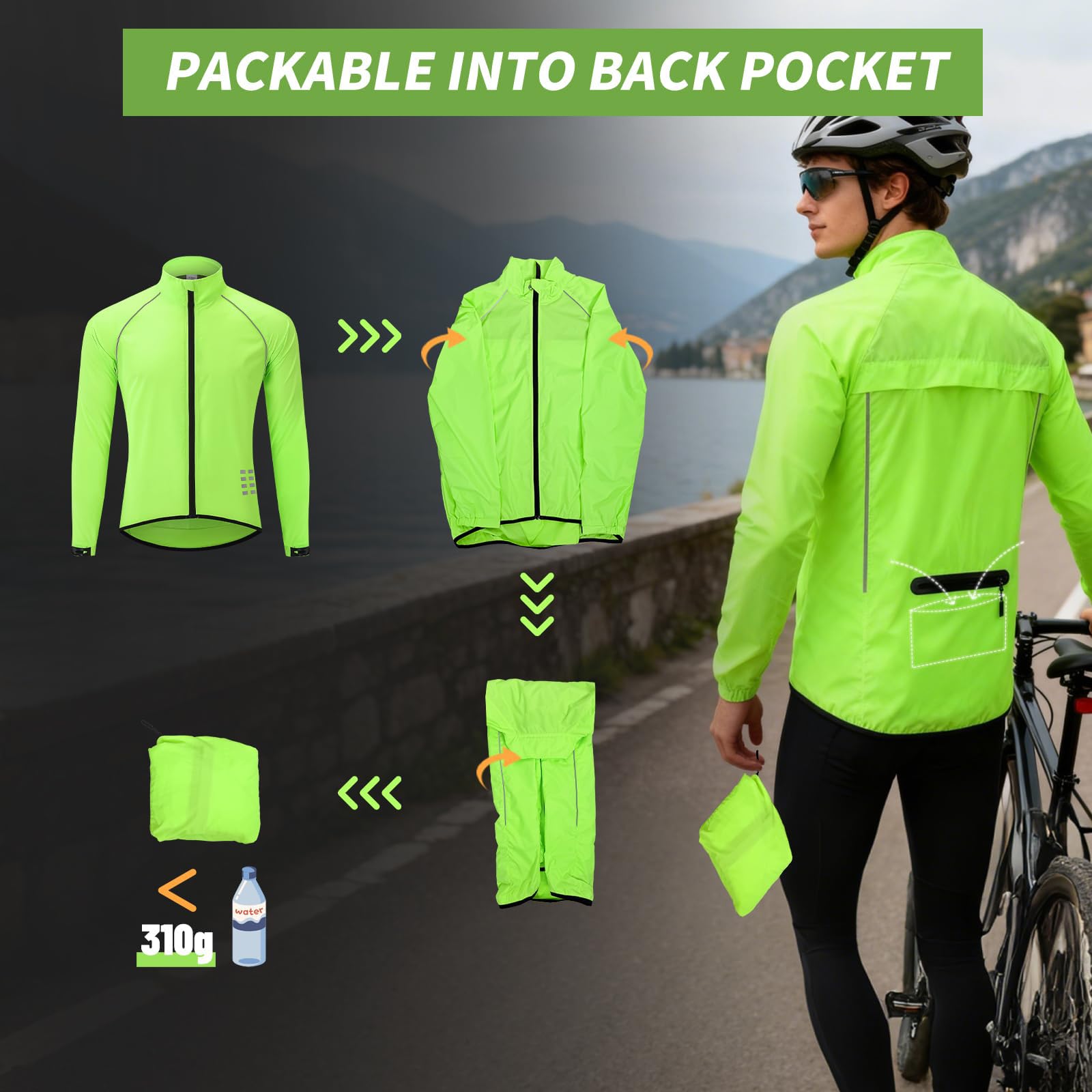 Chaquetas de ciclismo unisex para primavera verano y otoño Conjuntos ligeros de secado rápido Cortavientos transpirable de corte ajustado Reflectante duradero y ultraligero