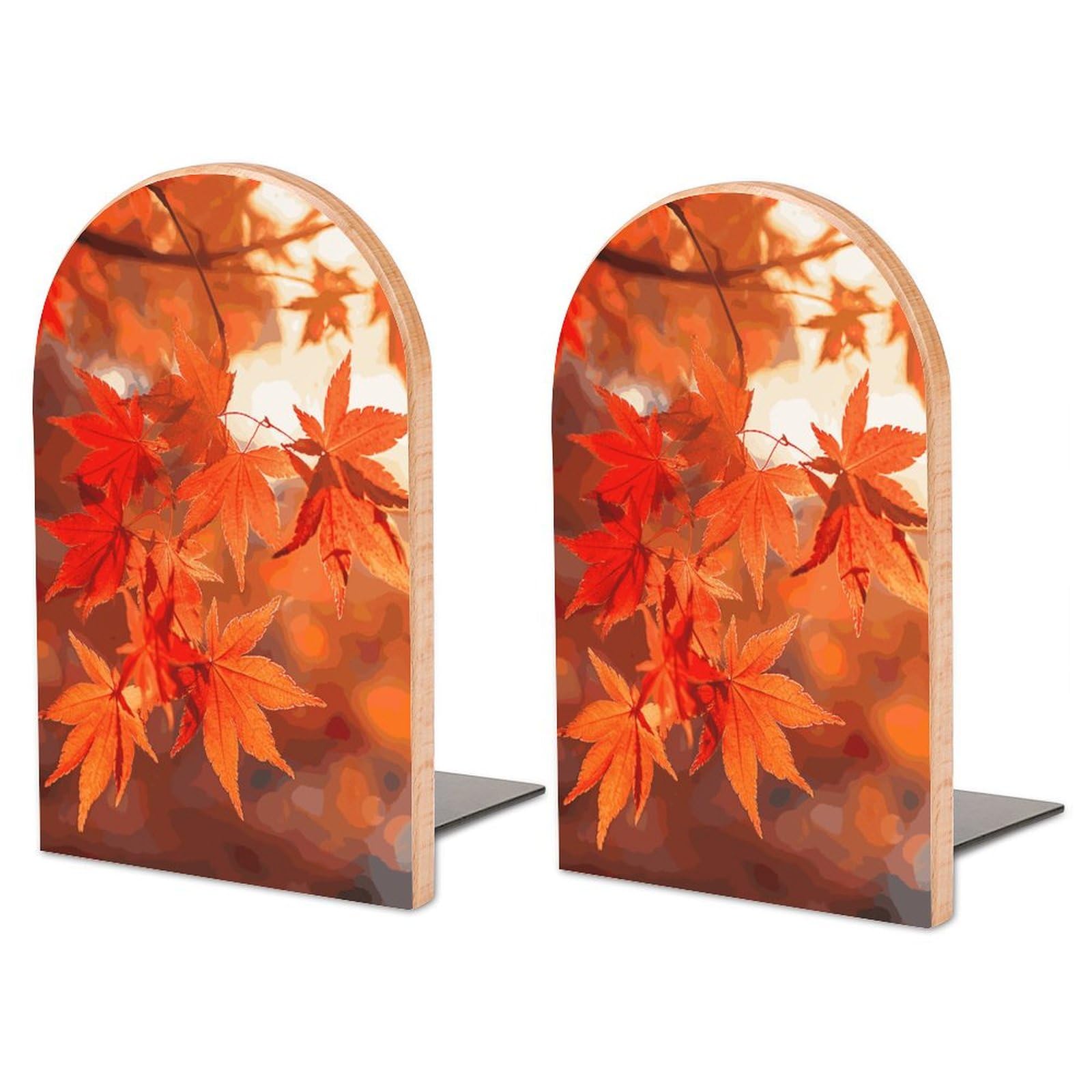 Serre-livres en bois de hêtre et métal avec motif feuilles d'érable pour bureau