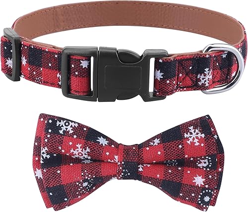 Collar de Navidad para perro con elegante corbatín, cuero de alta calidad, algodón rojo y verde, copo de nieve, duradero, suave, cómodo, de tela
