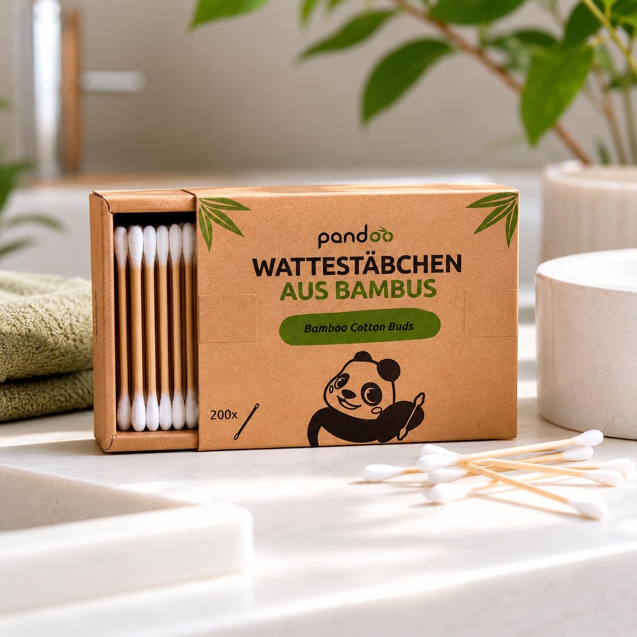 pandoo Cotton Fioc di Bambù | Bastoncini Cotonati Fatti di Bambù da Coltivazione Bio | Versatili, Ecocompatibili e Compostabili | Bastoncini per la Pulizia delle Orecchie | Confezione da 800, 7,5 cm
