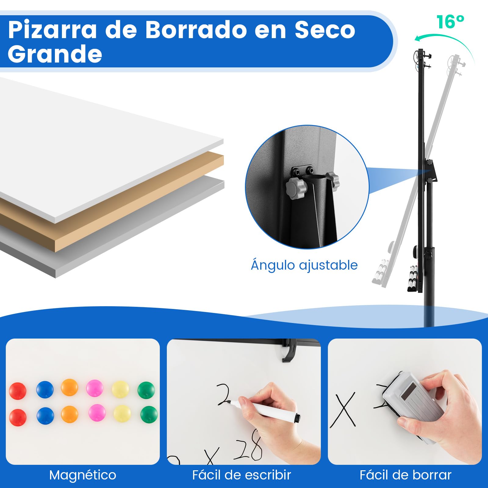 COSTWAY Pizarra Móvil 100x65 cm, Pizarra Blanca Magnética Ajustable Altura y Ruedas, Pizarra Blanca con Clips de Papel y Bandeja, Bloc de Notas de 25 Hojas, Imanes, Marcadores y Borrador (negro)