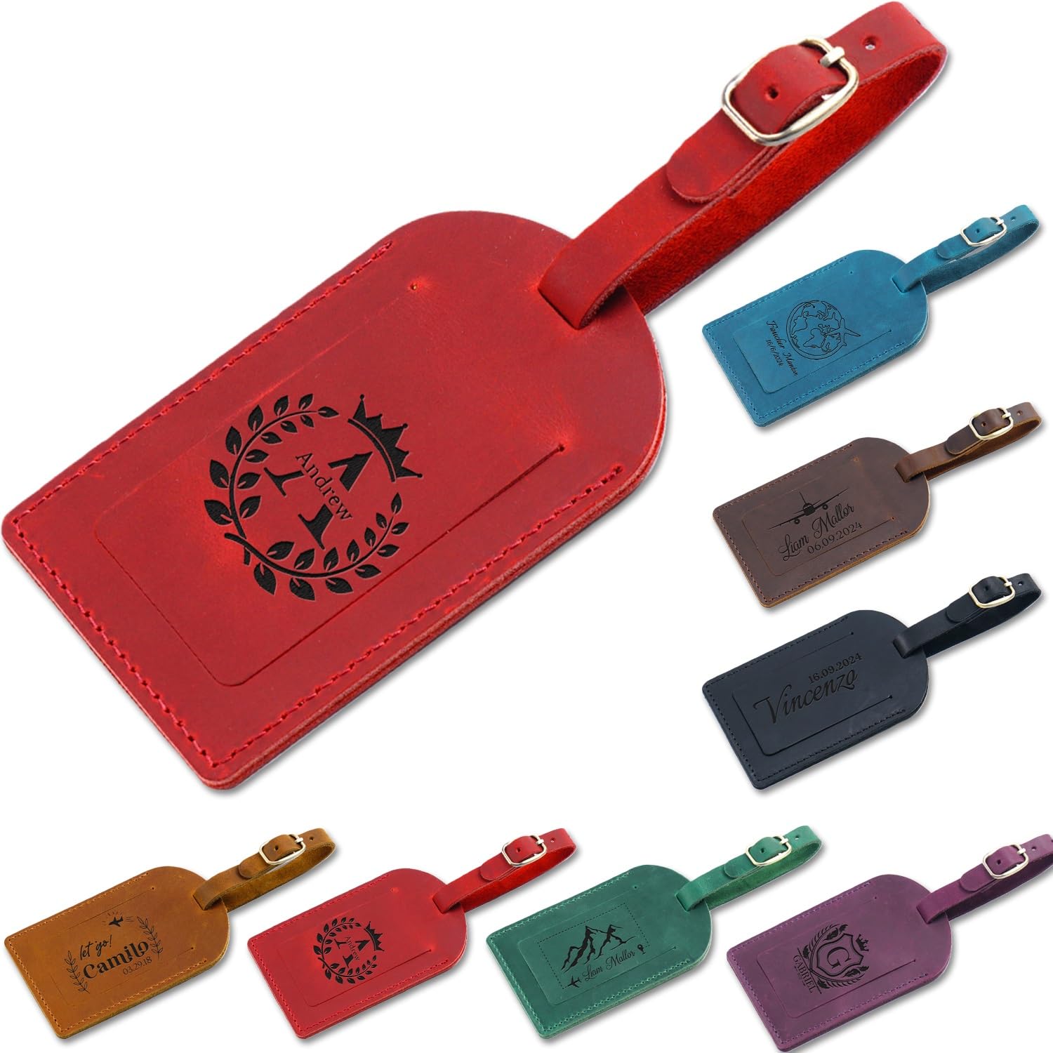 Personalized Genuine Leather Luggage Tag, Custom Engraved Vintage Suitcase Labels, Baggage Leather Boarding Bag, Name ID Address Holder For Travel Accessory Tags(Red)