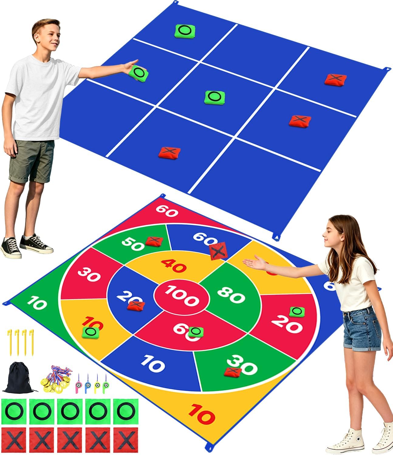 2-in-1 Giant Tic Tac Toe Bean Bag Toss Games, 4.5ft Double Sided Large Outside Camping Backyard Lawn Games for Family Friend Party Fun Carnival Outdoor Giant Yard Games