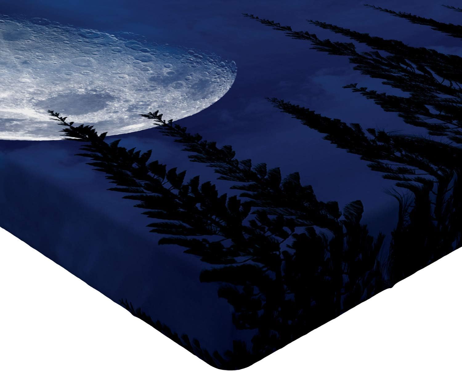 Ambesonne Half Moon Fitted Sheet, Mystery Night Over Forest Silhouette, Bed Cover with All-Round Elastic Deep Pocket for Comfort, Full Size, Night Blue