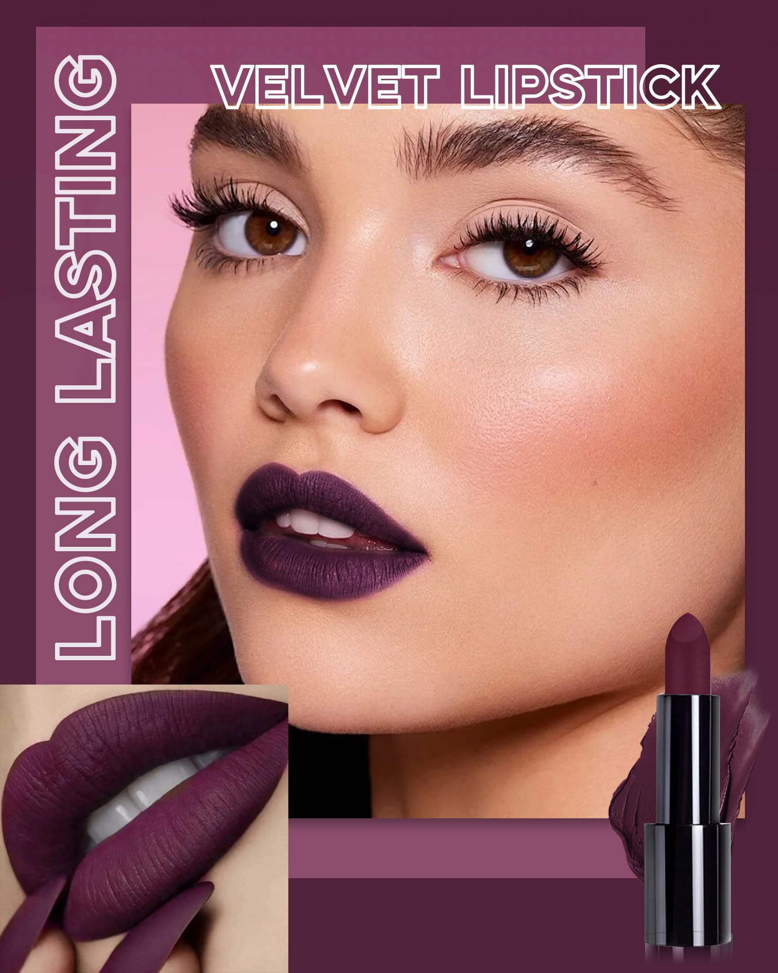 Dark Purple Lipstick Long Lasting for Women, Hydrating Matte Velvet Lip Gloss Nude Liquid Lipstick Intense Lip Color Non Stick Smudge-Proof & Waterproof Lipgloss Bold Glow Goth Lip Stick Makeup-04
