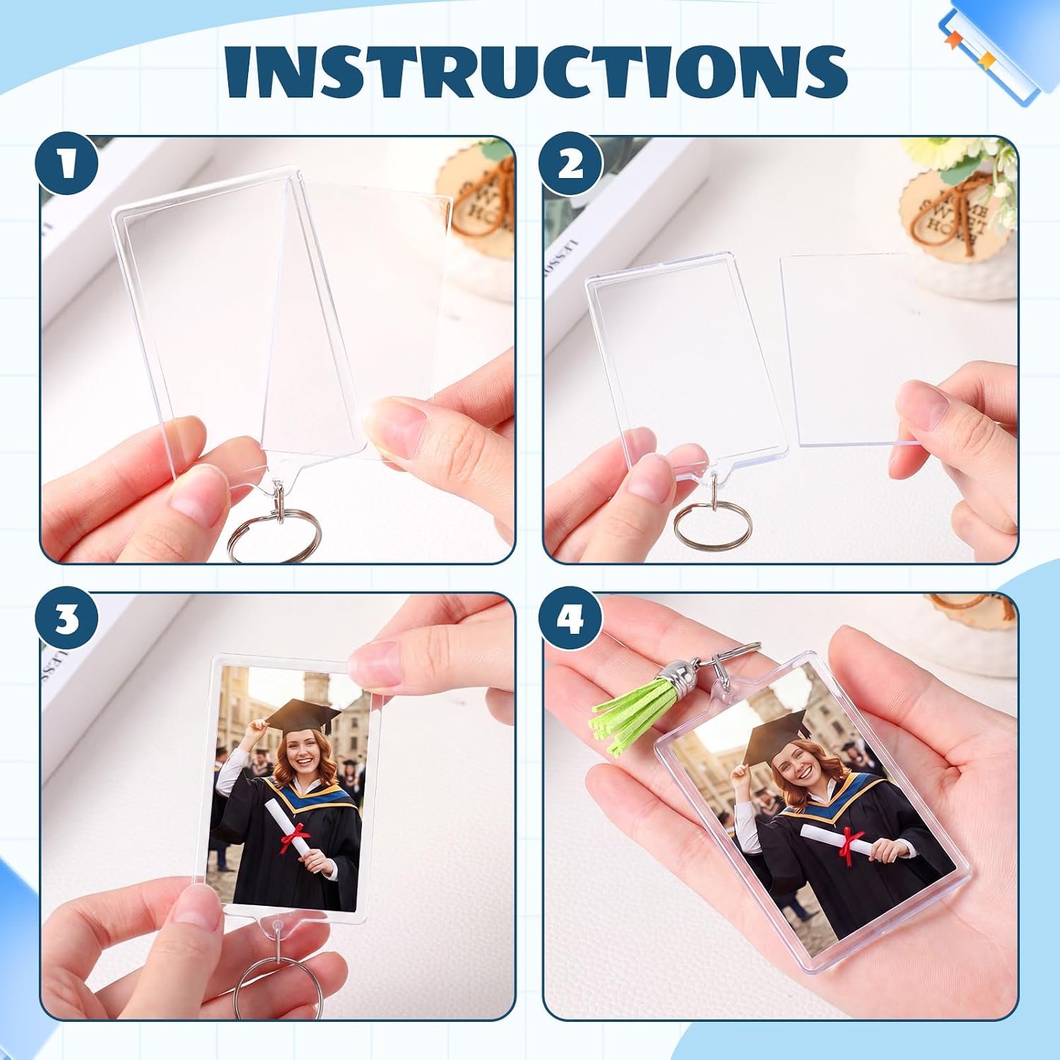 Chuangdi Large Acrylic Photo Keychains with Tassels 3x2.2 inch Custom Picture Frame Keyring for DIY Making Supplies