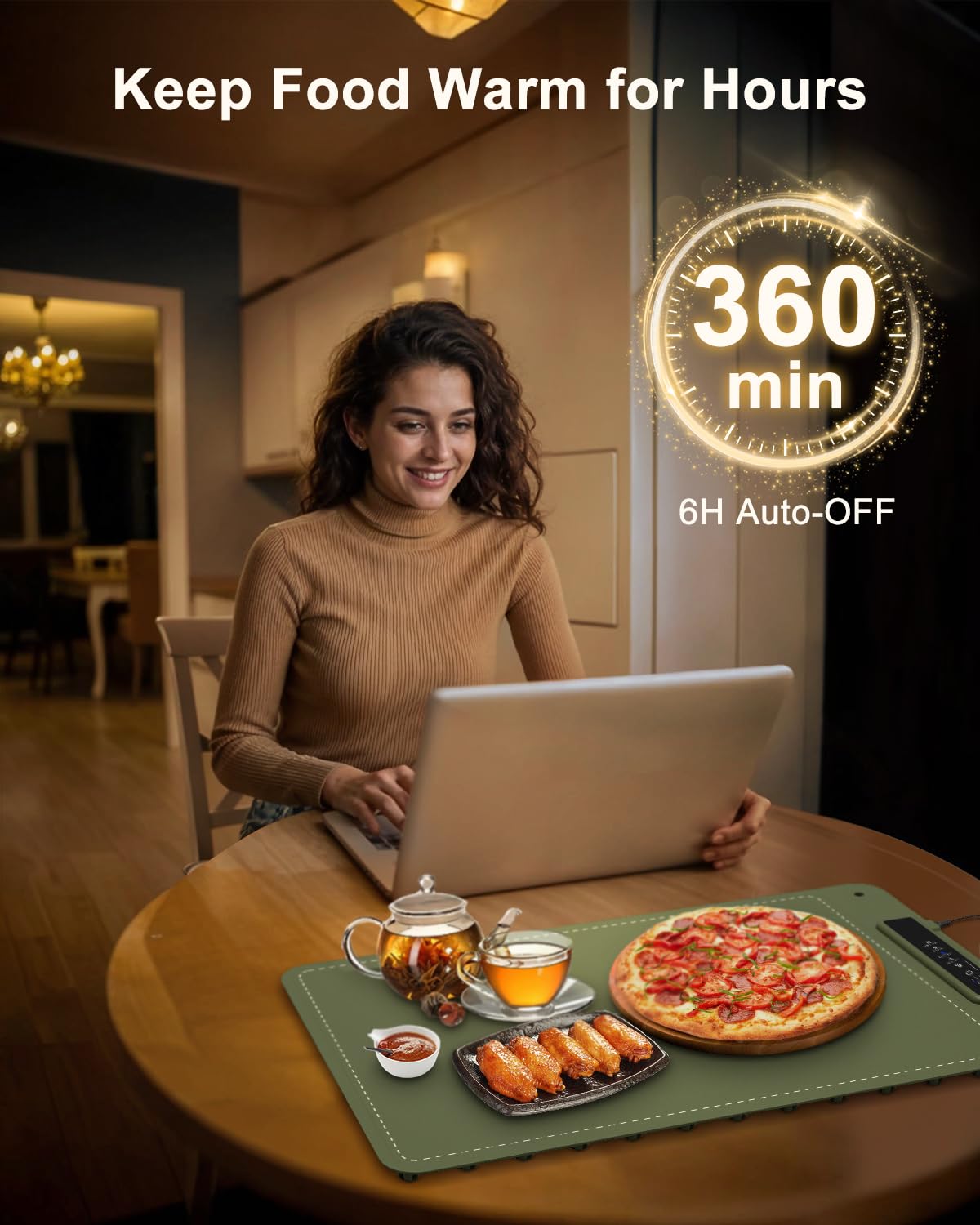 Mojimdo Warming Plate Wärmeplatte für Speisen – Lebensmittelechtes Silikon, 3 Temperaturstufen, vollflächige Erwärmung, flexibel aufrollbar & aufhängbar, ideal für Zuhause, Buffets & Partys – Grün