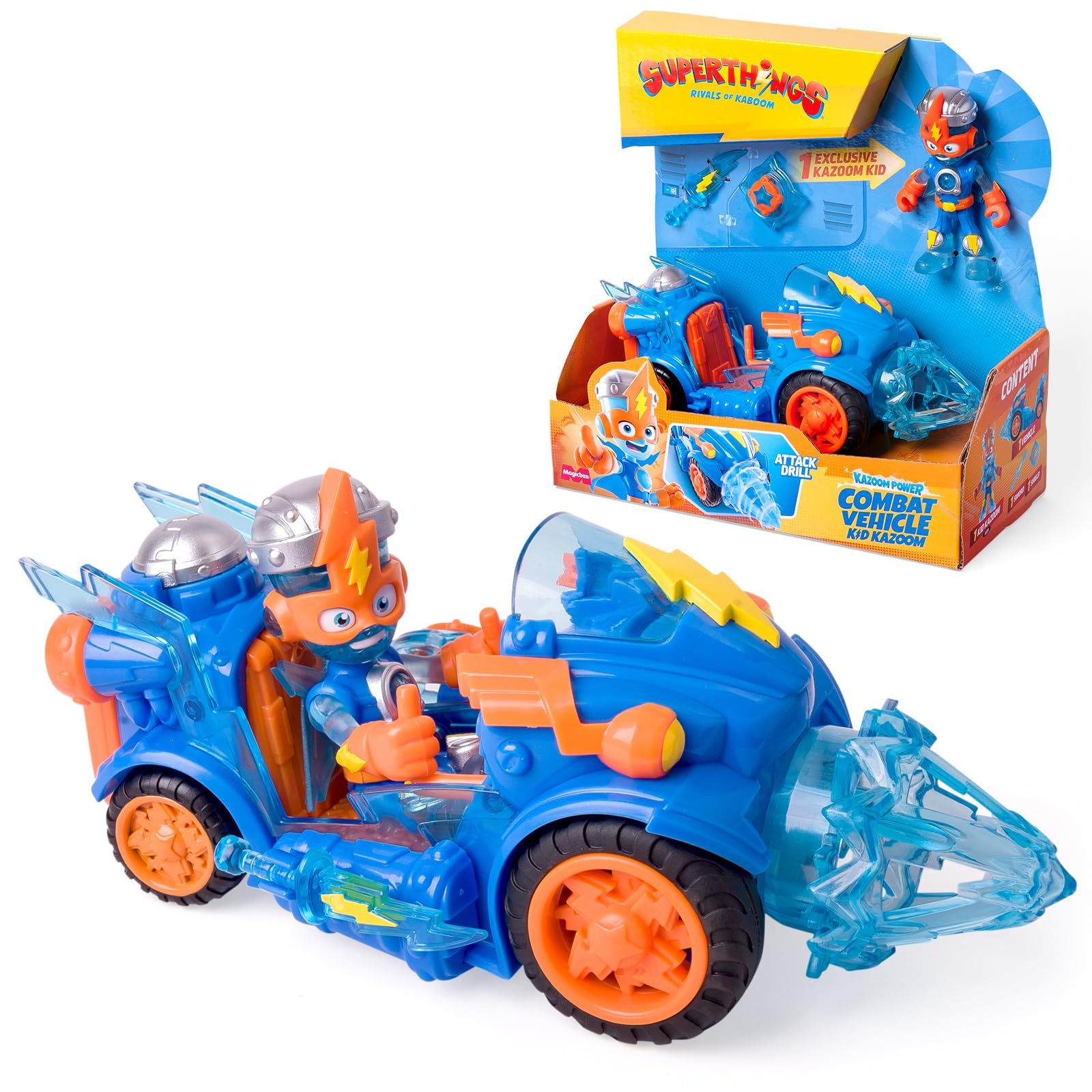 SUPERTHINGS KAZOOM POWER – Kid Kazoom Combat Vehicle. Kid Kazoom's combat vehicle from the animated series "Kazoom Power". Contains 1 Combat Vehicle, 1 Exclusive Kid Kazoom, 1 Weapon, and 1 Accessory